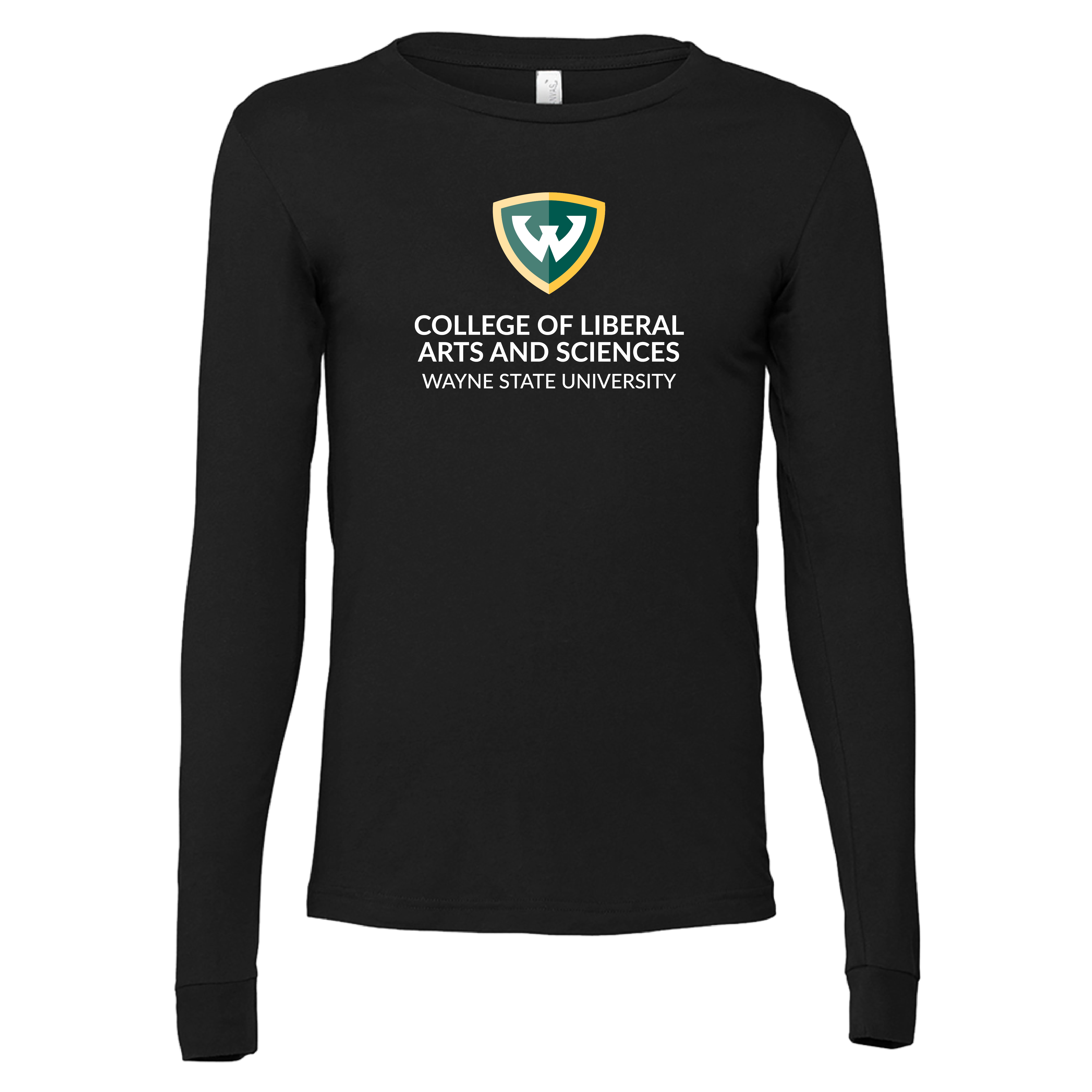 College of Liberal Arts and Sciences- WSU Shield Bella + Canvas Black Jersey Cotton LS TShirt