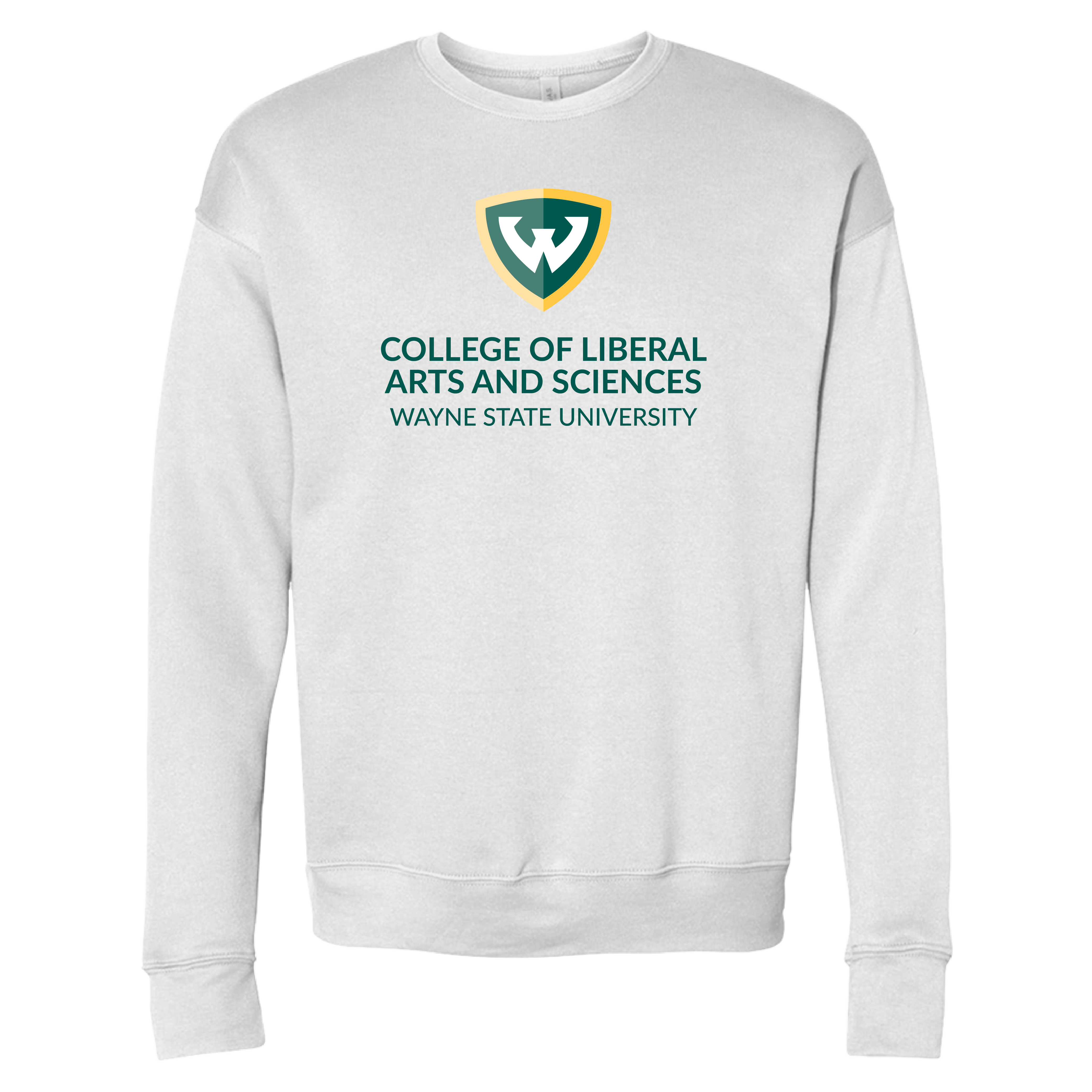 College of Liberal Arts and Sciences- WSU Shield Bella + Canvas White Fleece Crew Sweatshirt