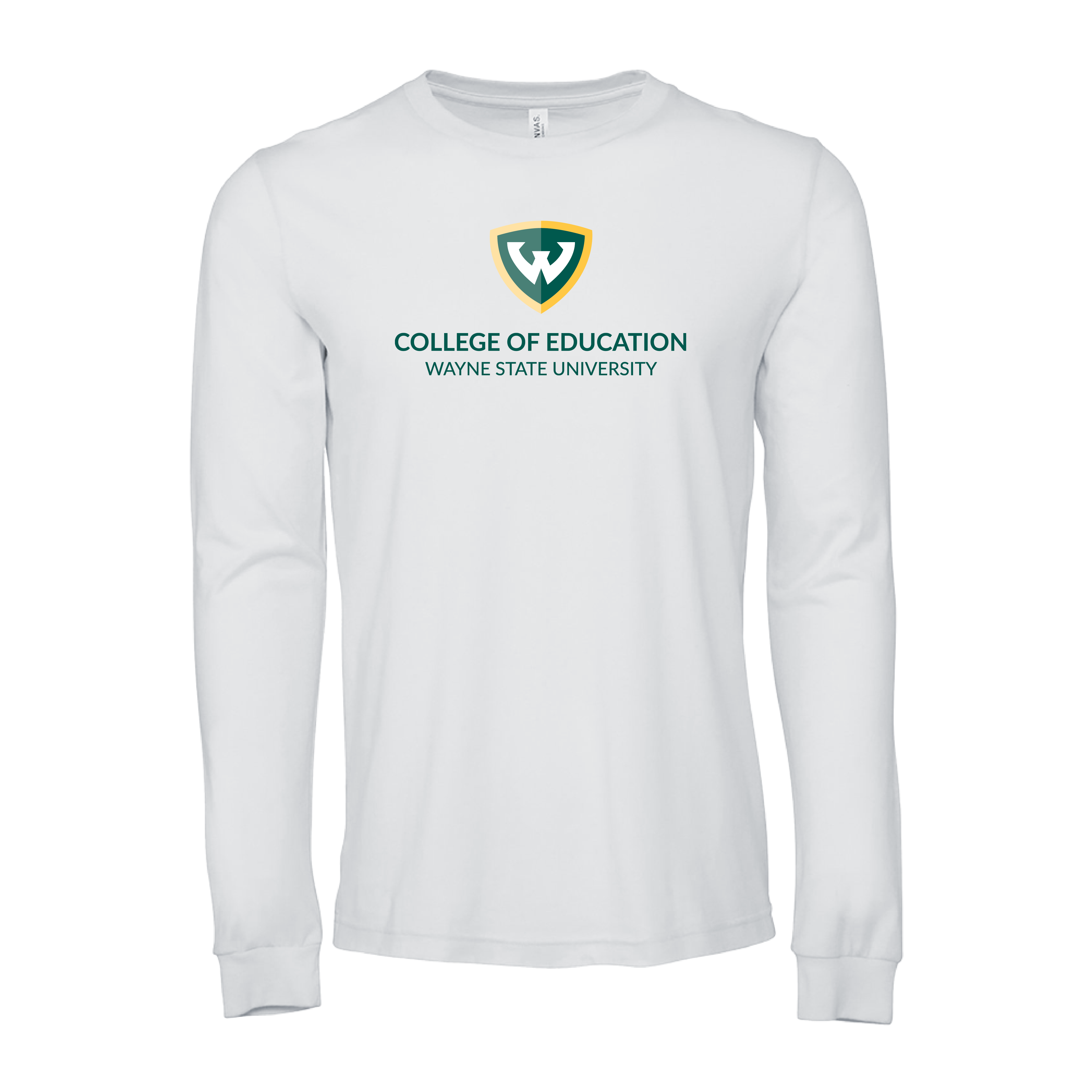 College of Education- WSU Shield Bella + Canvas White Jersey Cotton Long Sleeve TShirt