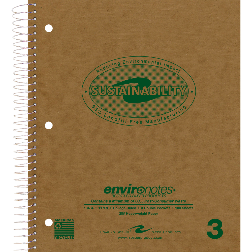 Roaring Spring Wirebound Notebook Recycled 3-Subject College Ruled - Brown 11x9 100Sht 3 Pocket
