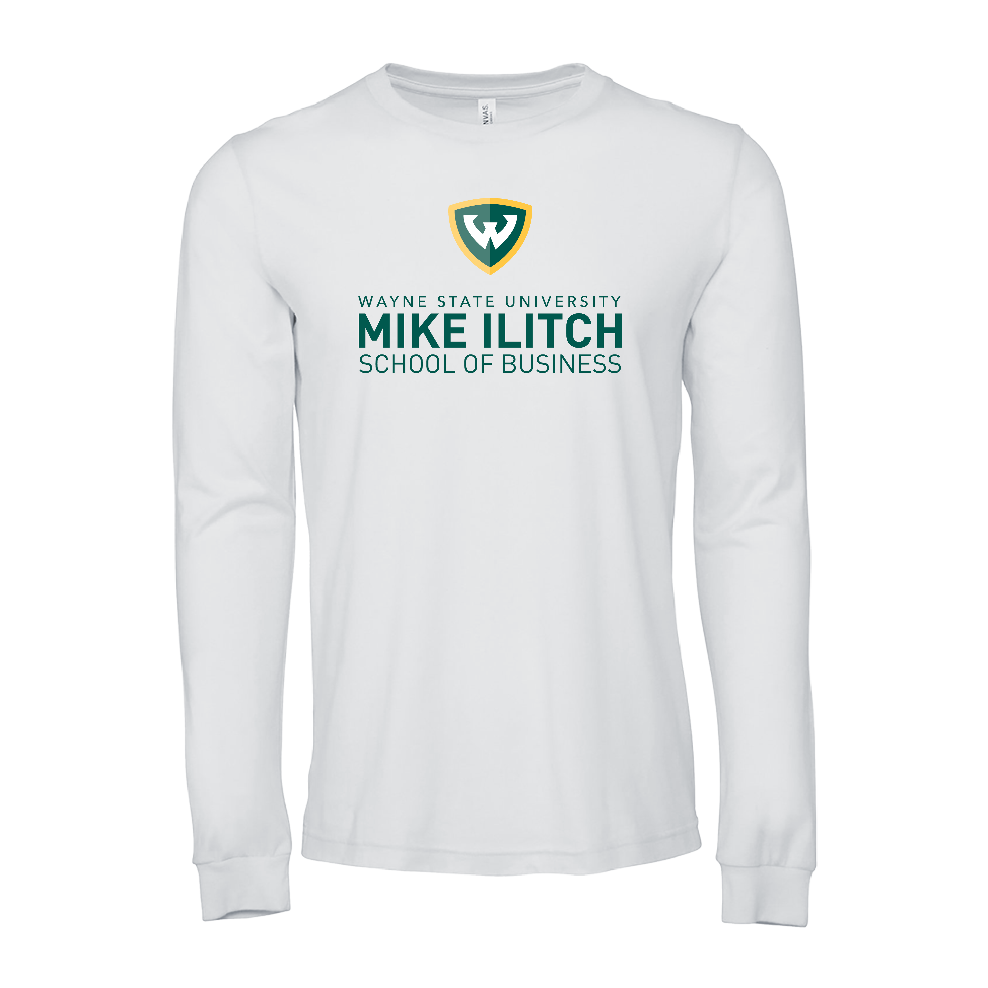 Wayne State Univ Bella + Canvas White Jersey Cotton Long Sleeve T Shirt WSU - School of Business