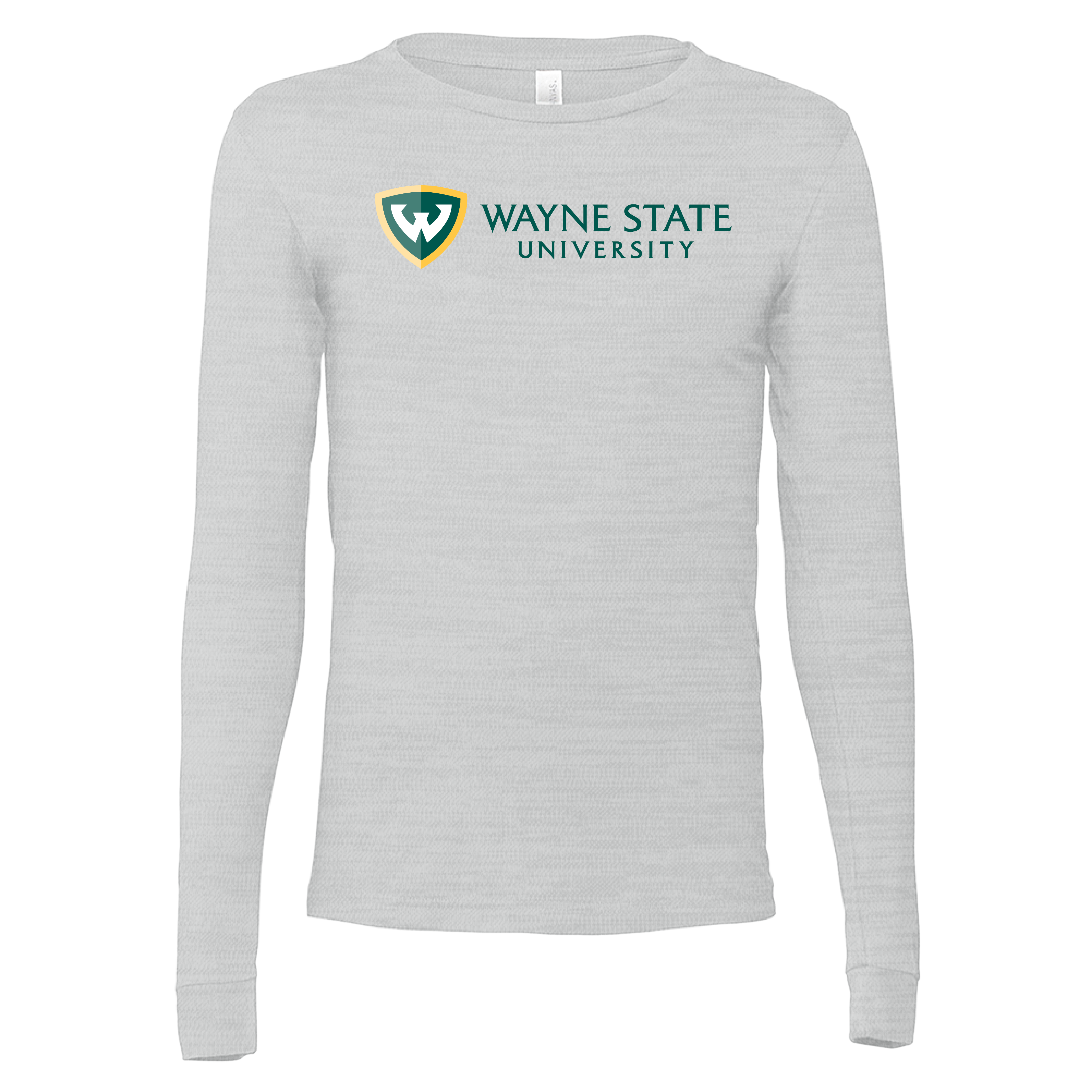 Wayne State University Horizontal Bella + Canvas Ash Grey Jersey Cotton Long Sleeve T Shirt