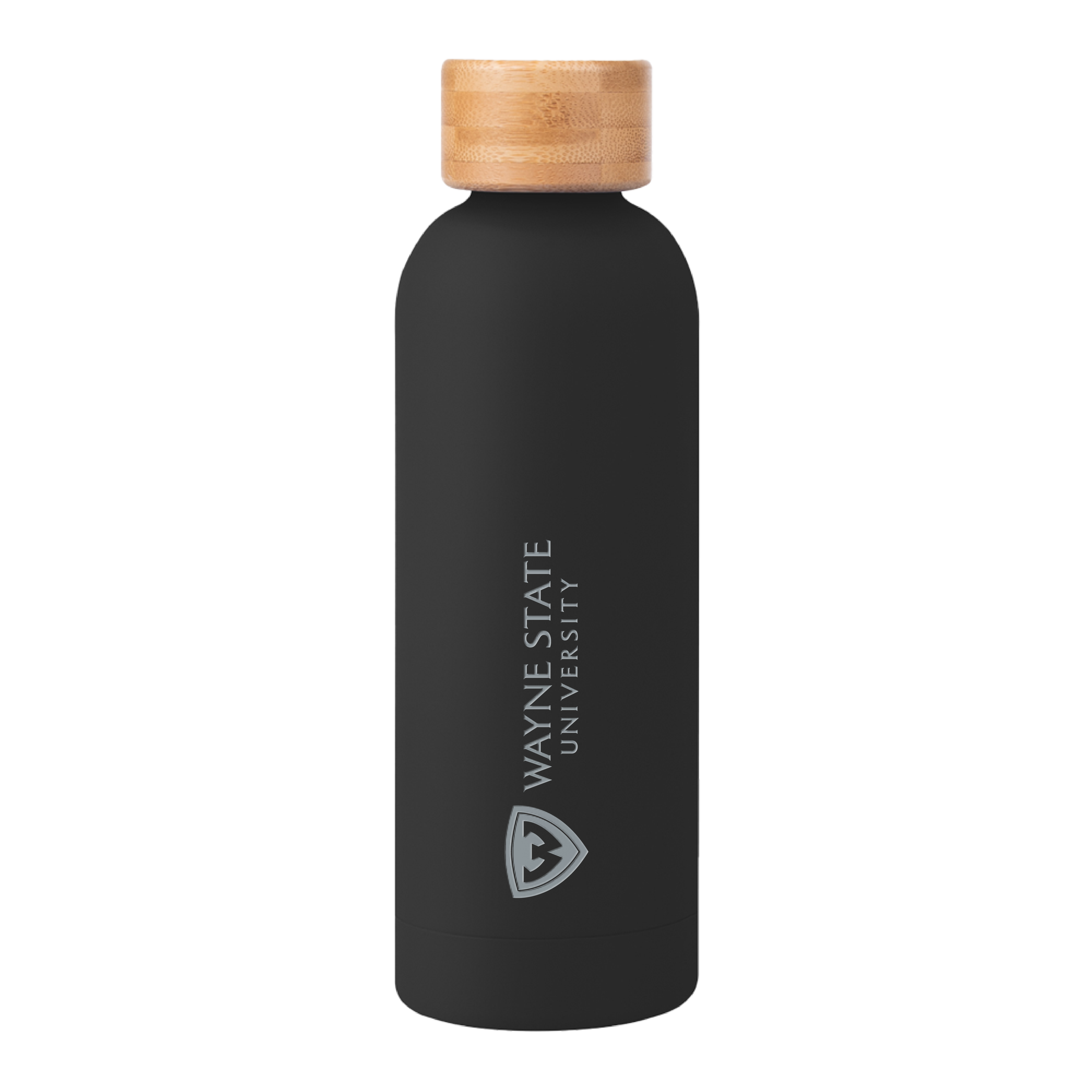 Wayne State Horizontal Engraved Blair Black Stainless Steel Bottle w/ Bamboo Lid 17 oz