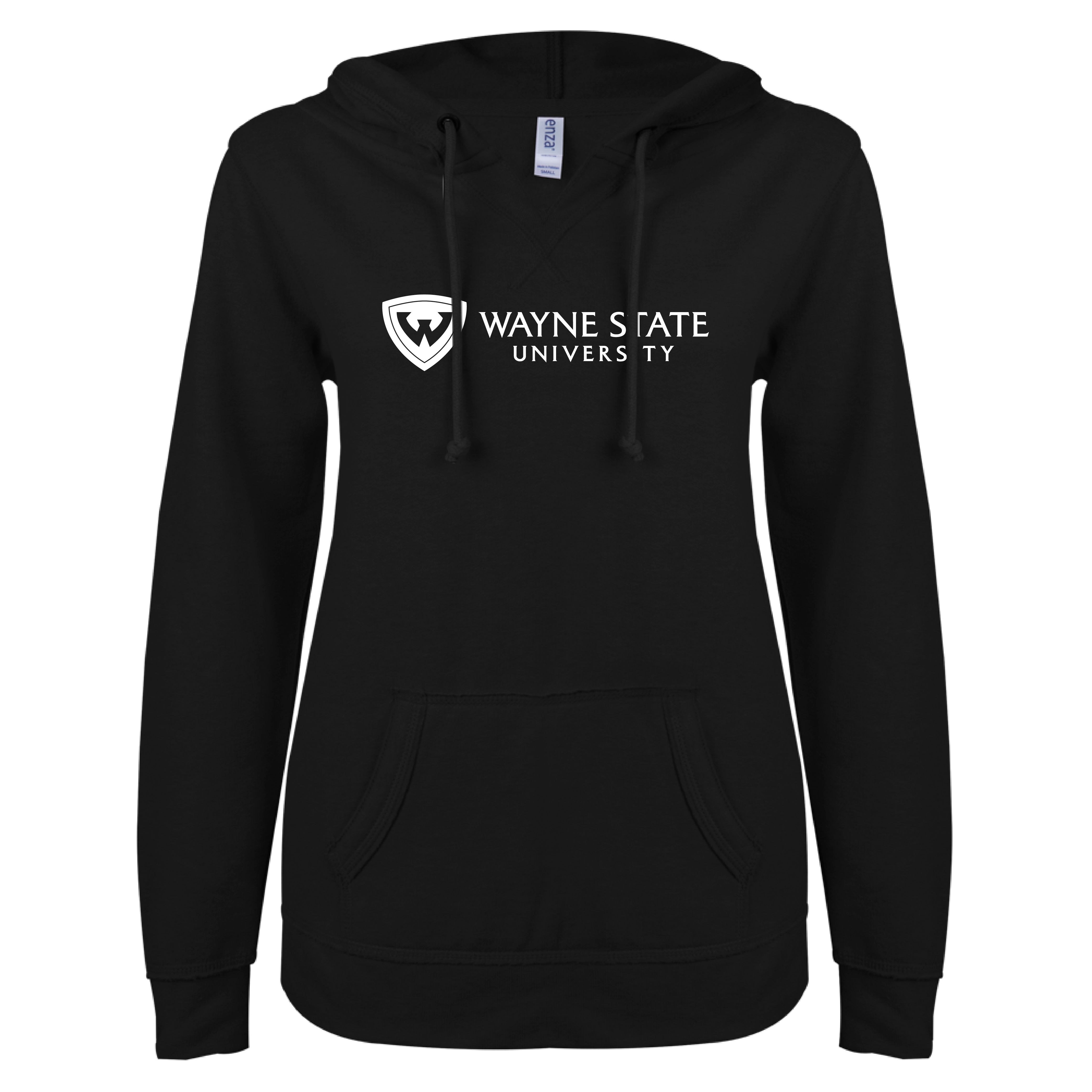 Wayne State Horizontal ENZA Women's Black V Notch Raw Edge Fleece Hoodie