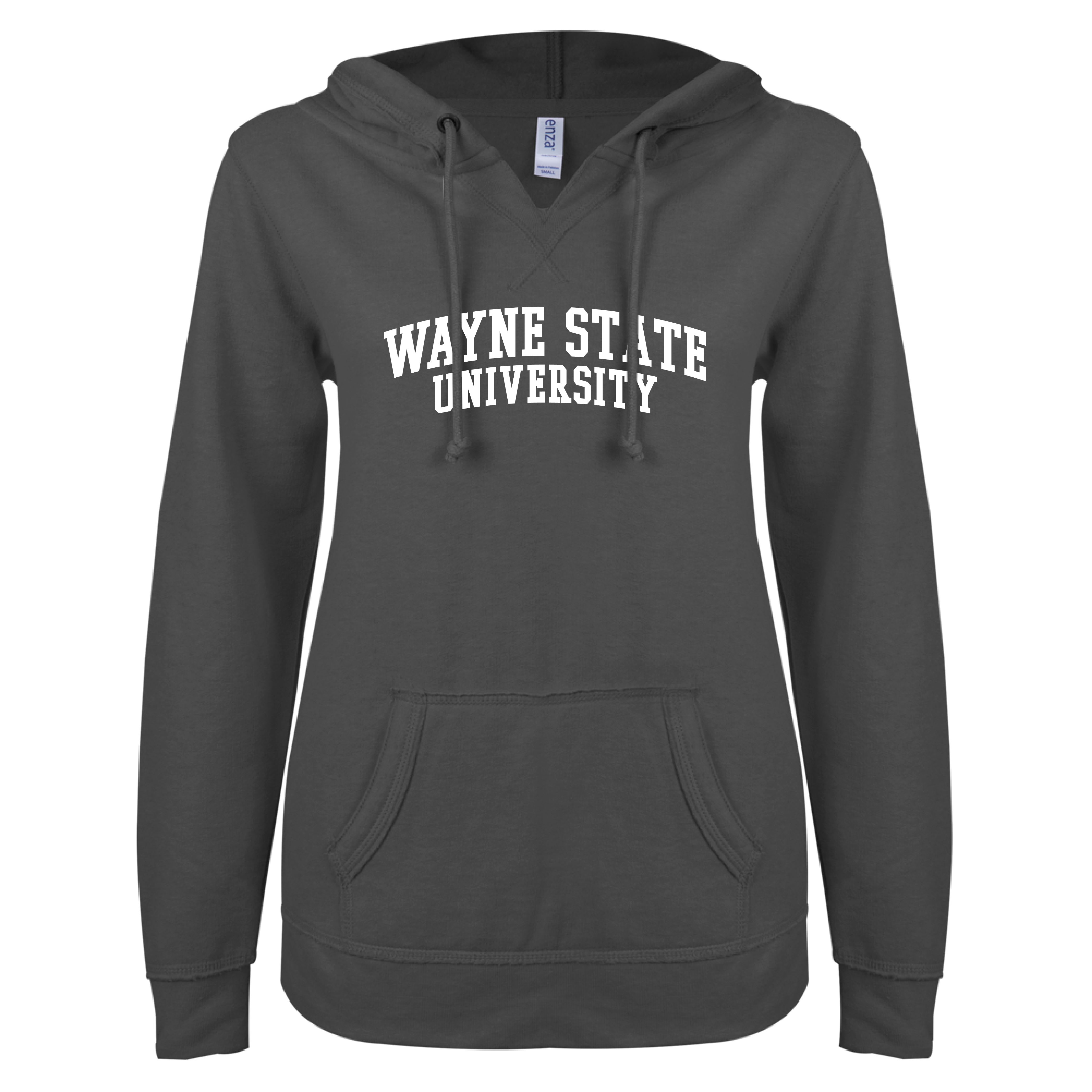 Wayne State Collegiate Arched ENZA Women's Dark Heather V Notch Raw Edge Fleece Hoodie