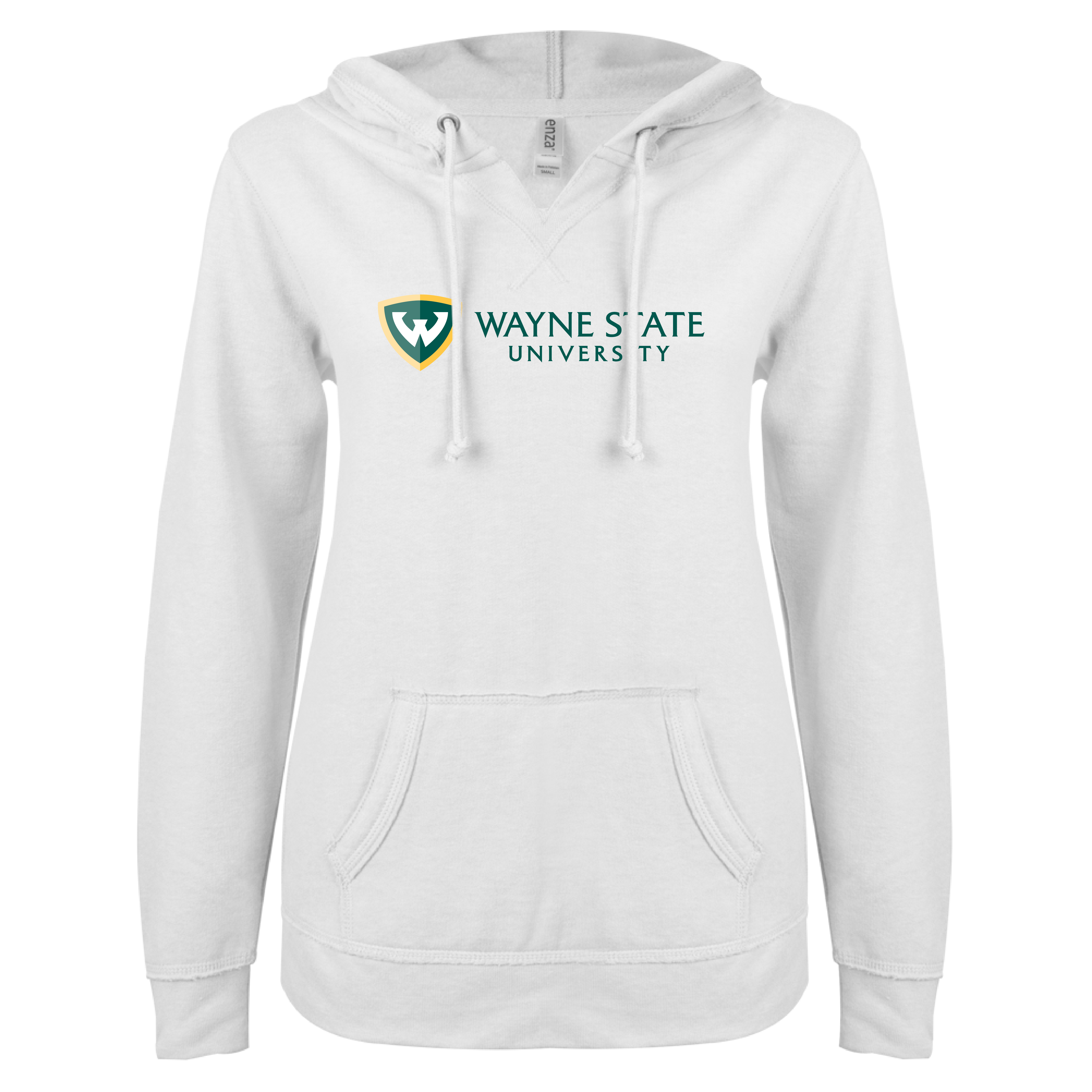 Wayne State Horizontal ENZA Women's White V Notch Raw Edge Fleece Hoodie