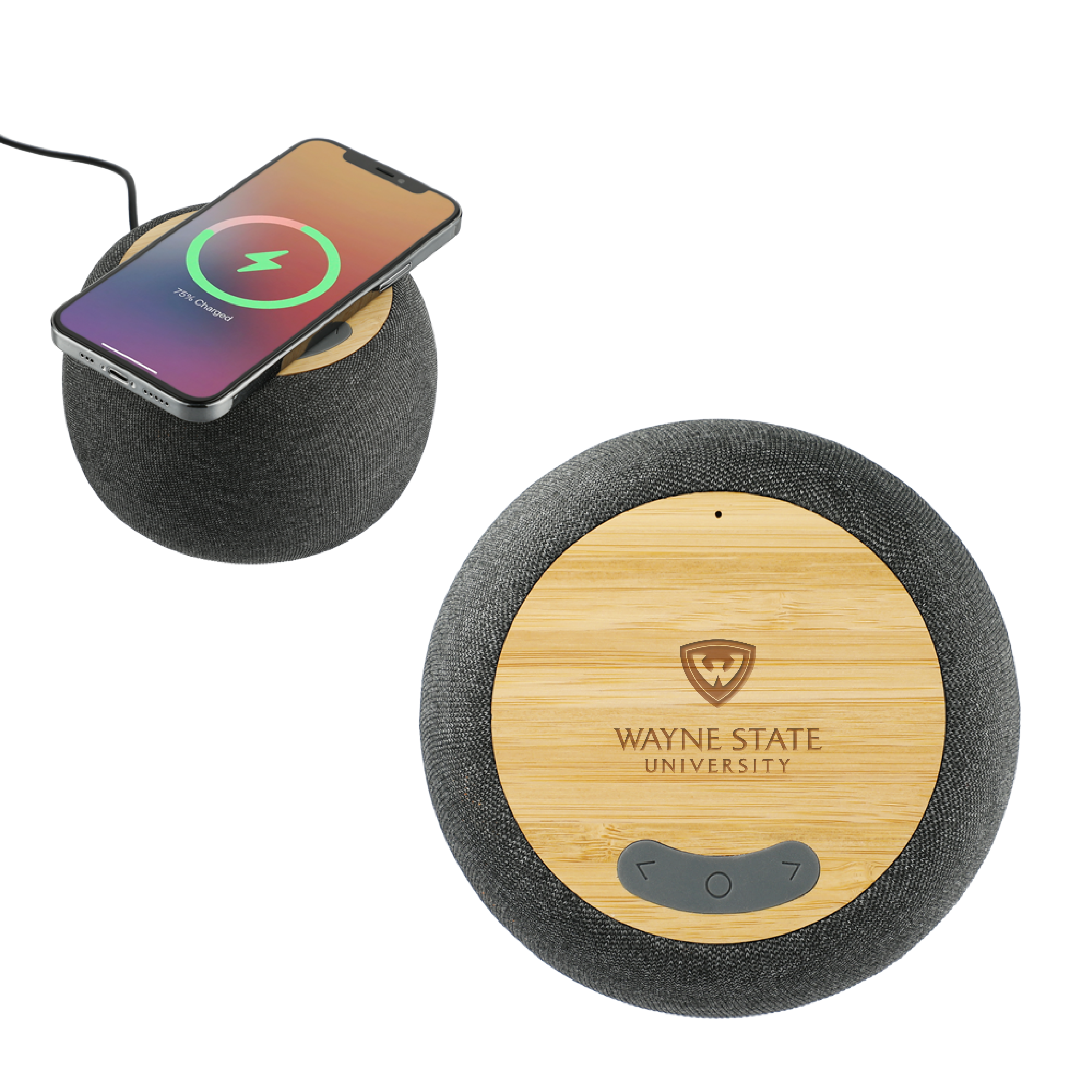Wayne State Stacked Engraved Garm Fabric & Bamboo Speaker with Wireless Charging