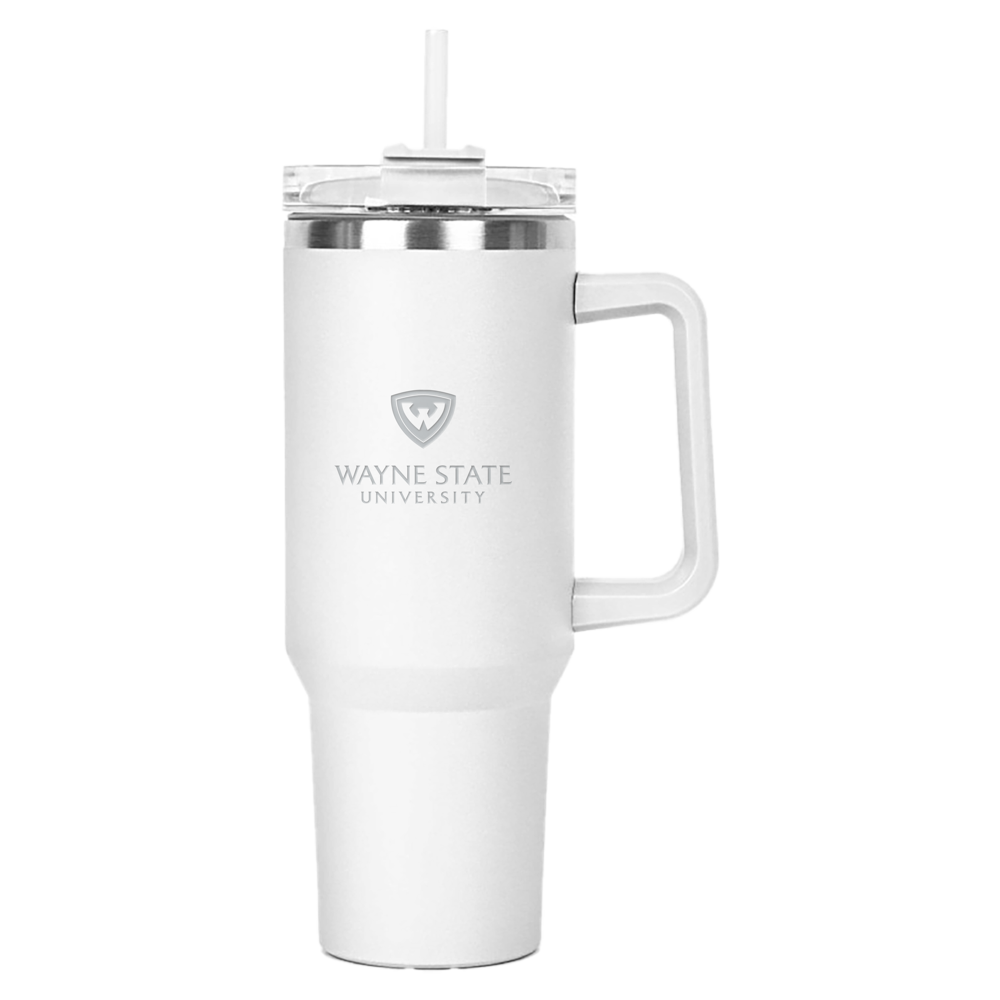 Wayne State Stacked Engraved Hippo White Mug & Straw Lid with Twist Closure 40 oz