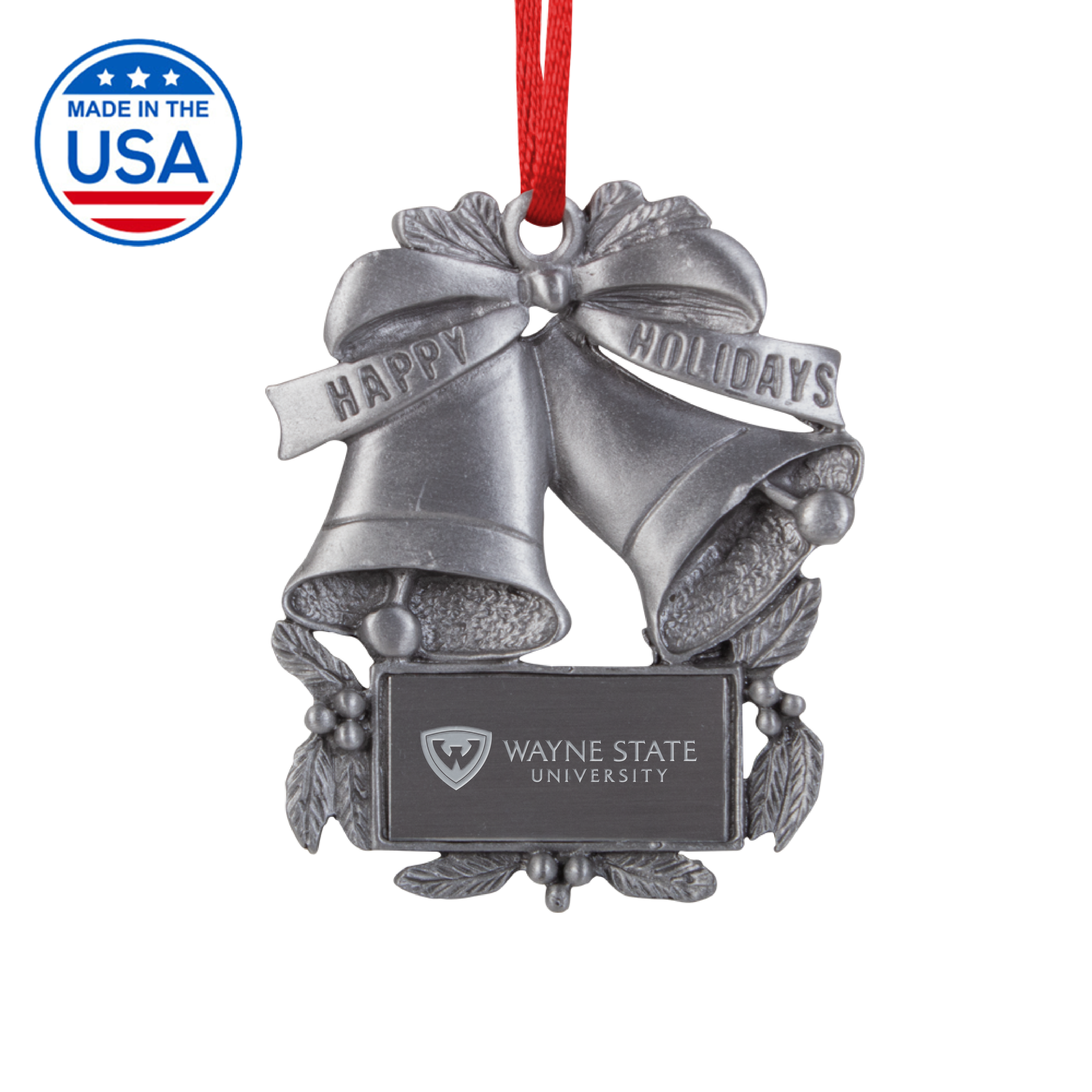 Wayne State Horizontal Engraved Pewter Holiday Bells Ornament