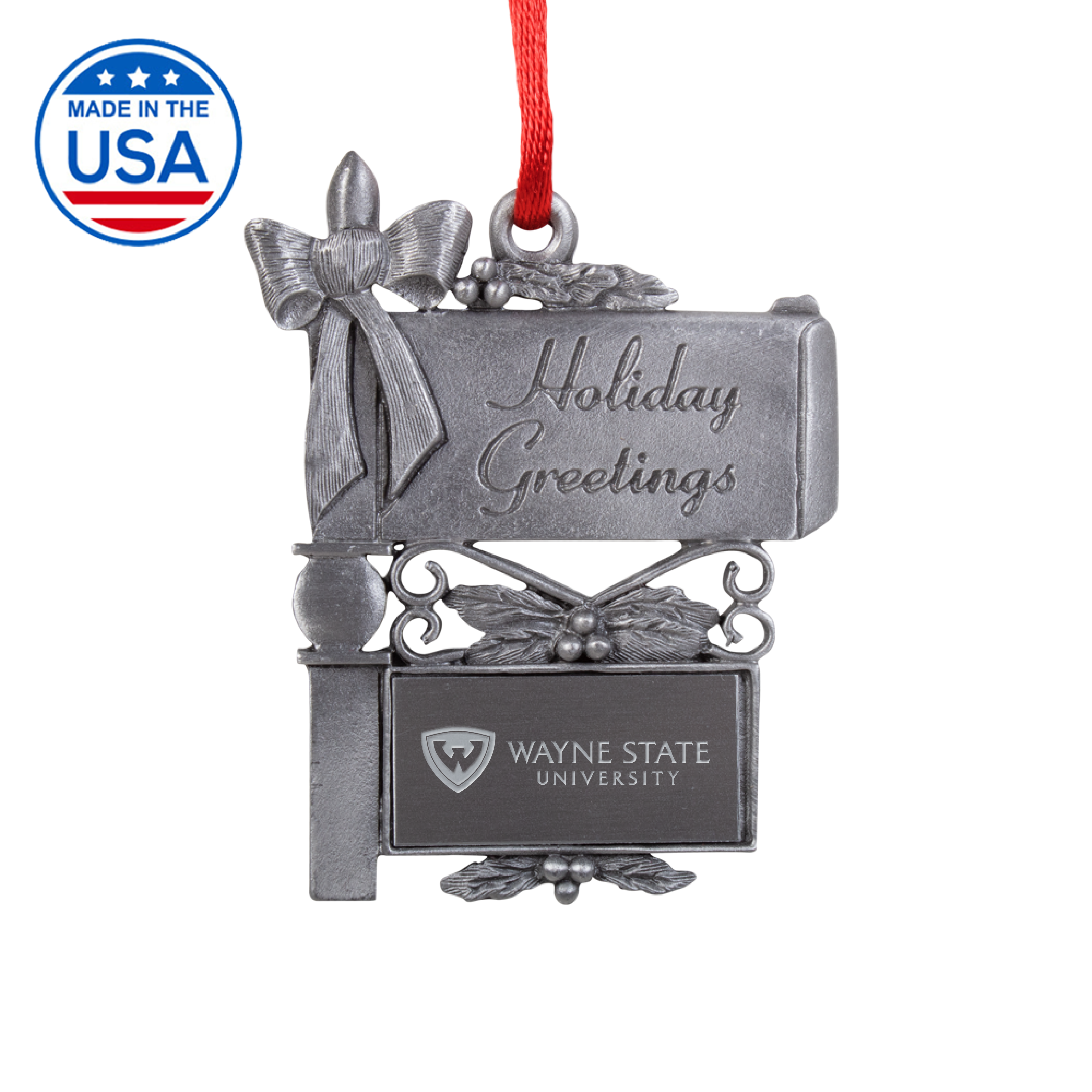 Wayne State Horizontal Engraved Pewter Mail Box Ornament