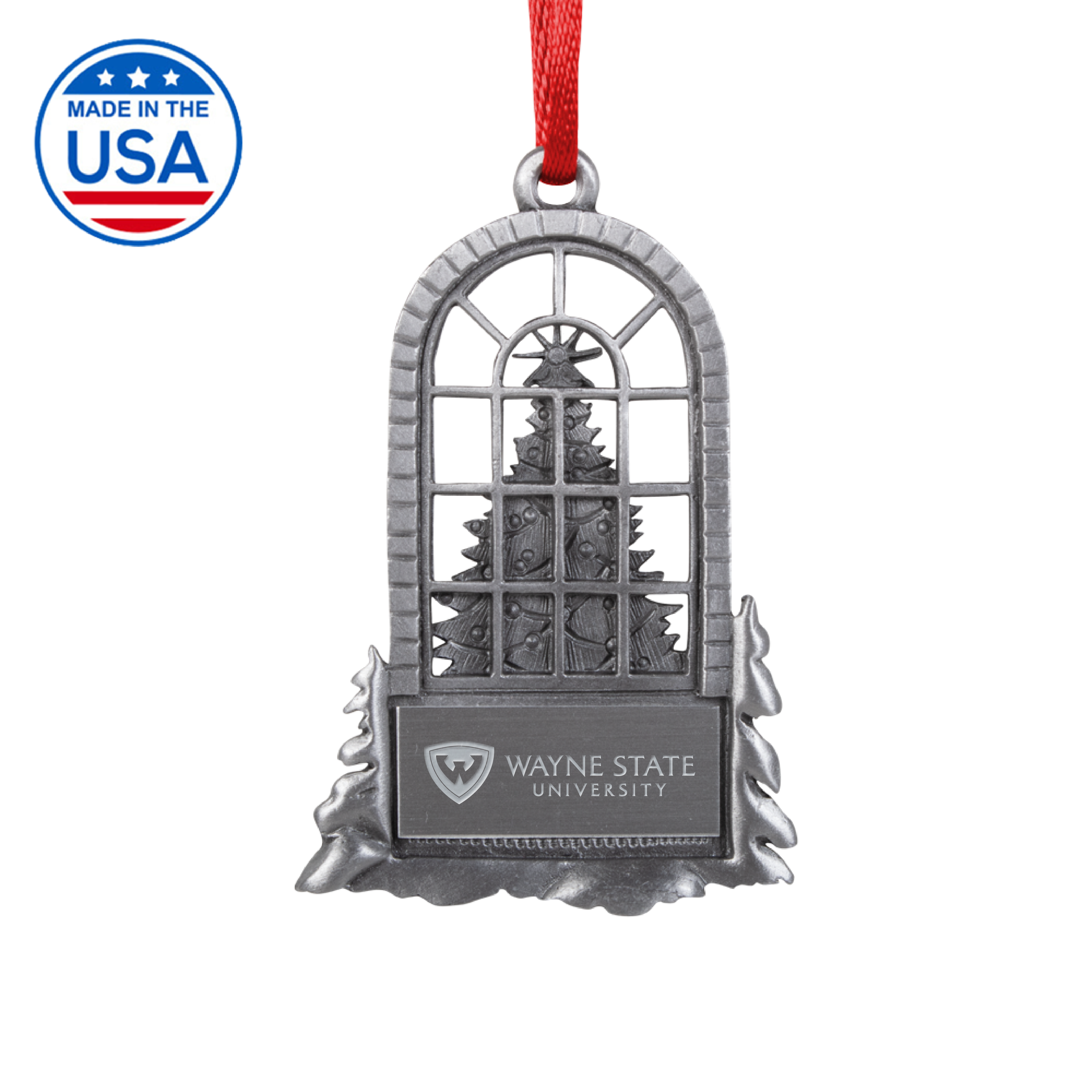 Wayne State Horizontal Engraved Pewter Tree in Window Ornament