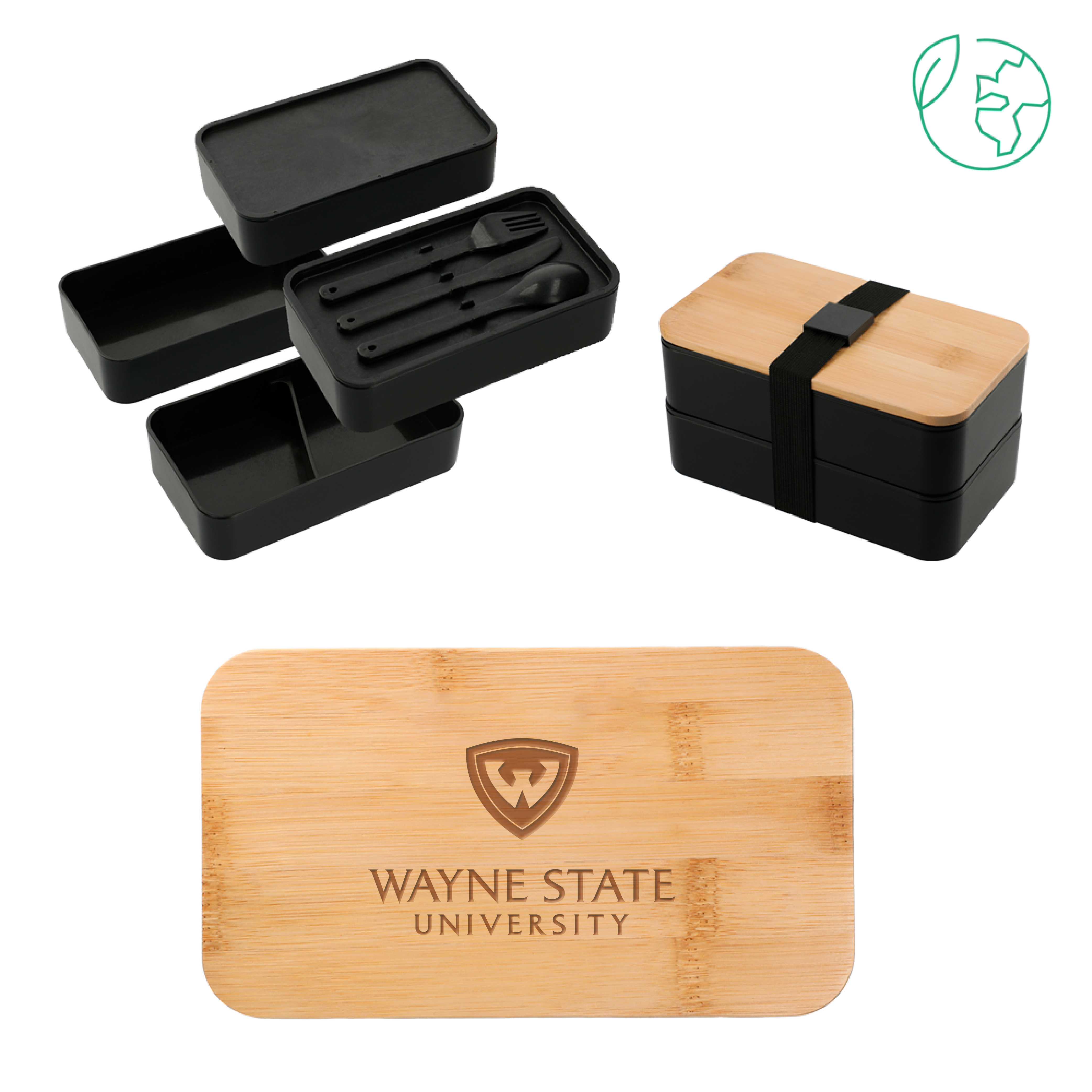 Wayne State Stacked Engraved Stackable Bamboo Fiber Black Bento Box