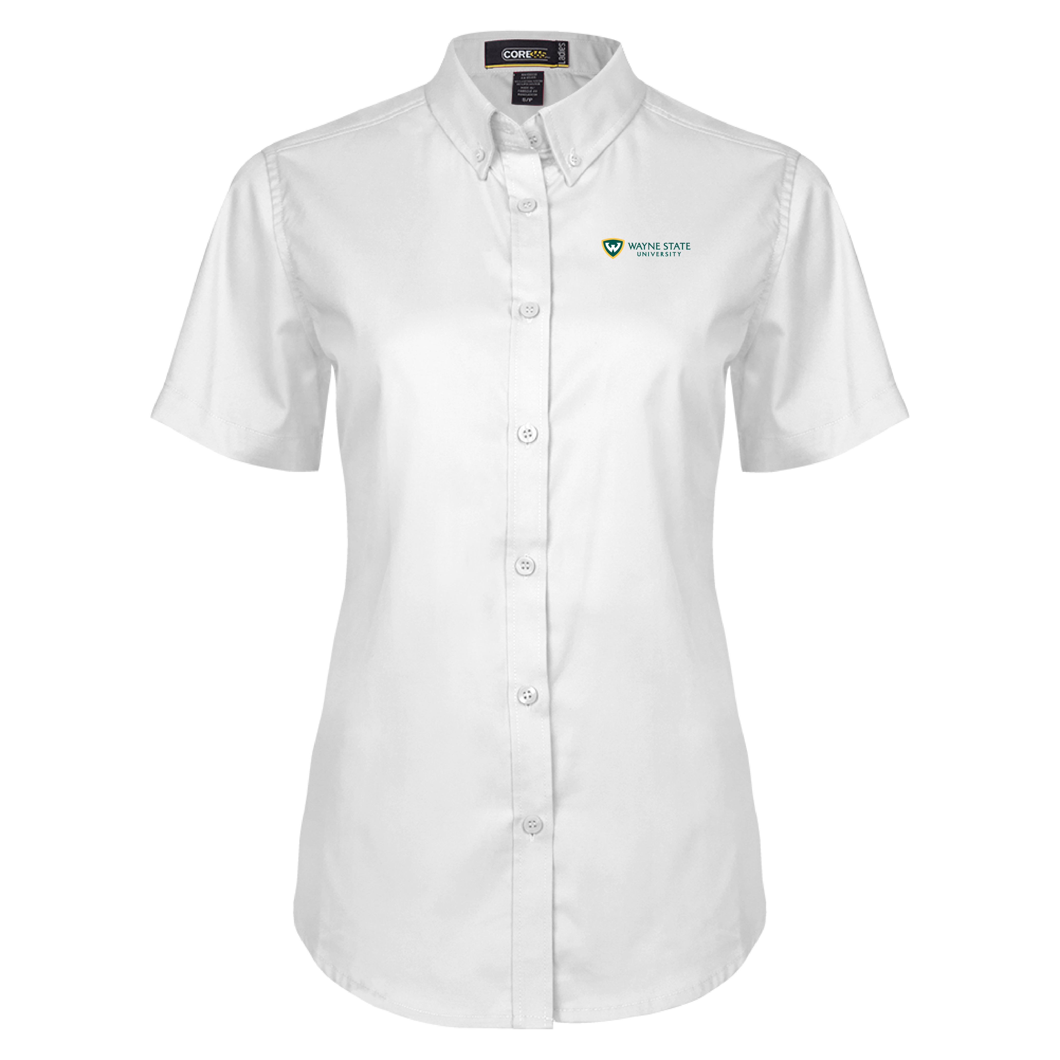 Wayne State Horizontal Women's White Twill Button Up Short Sleeve