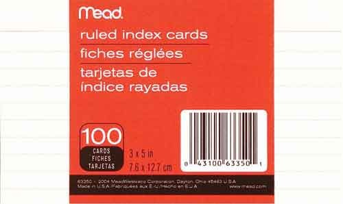 Index Cards, 3" X 5" Ruled, 100 Count