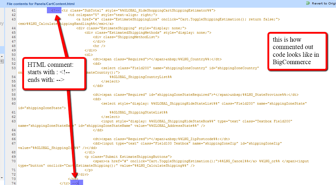 BigCommerce Templates designs - use html comments to hide a piece of code 