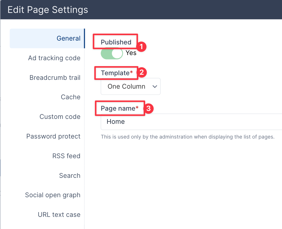 Edit Page Settings General Section