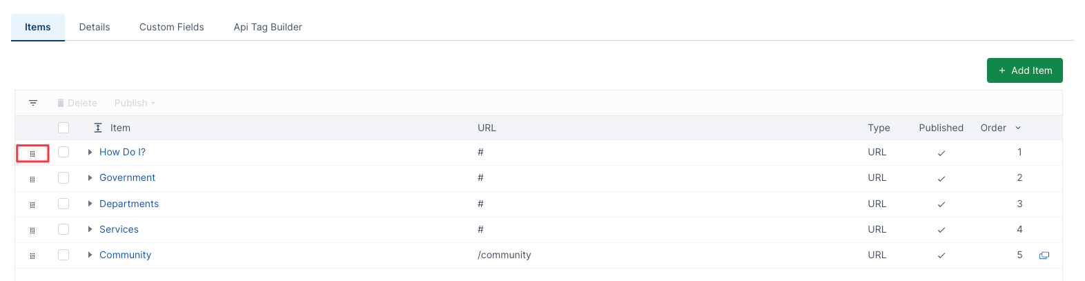 Items Tab in Navigation Menu