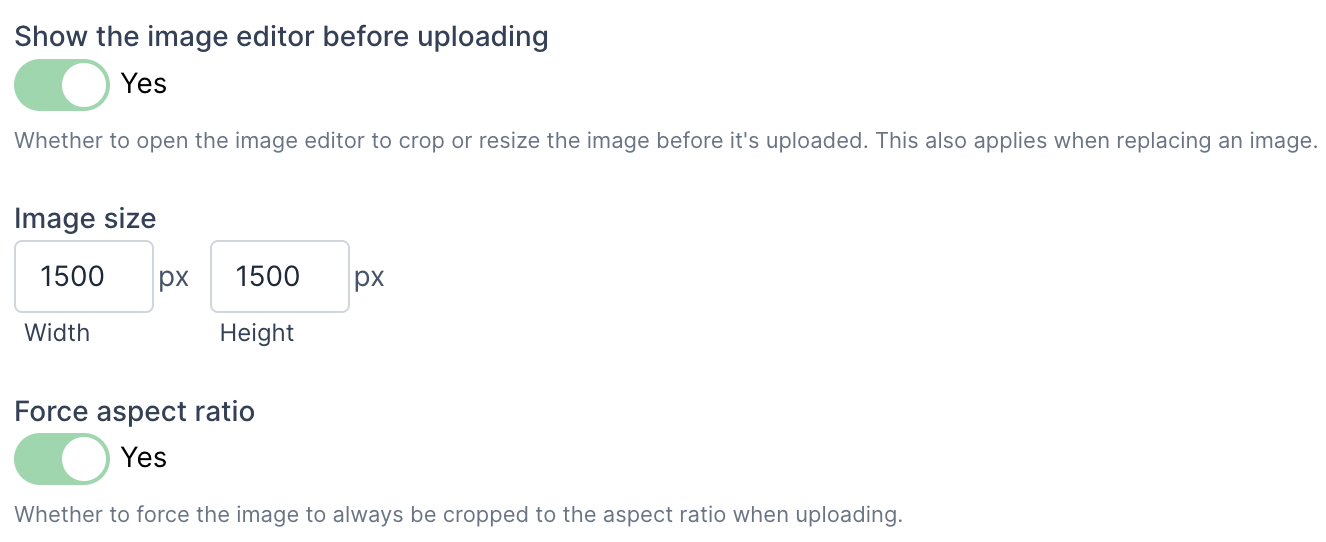 Image field editor and force aspect ratio settings