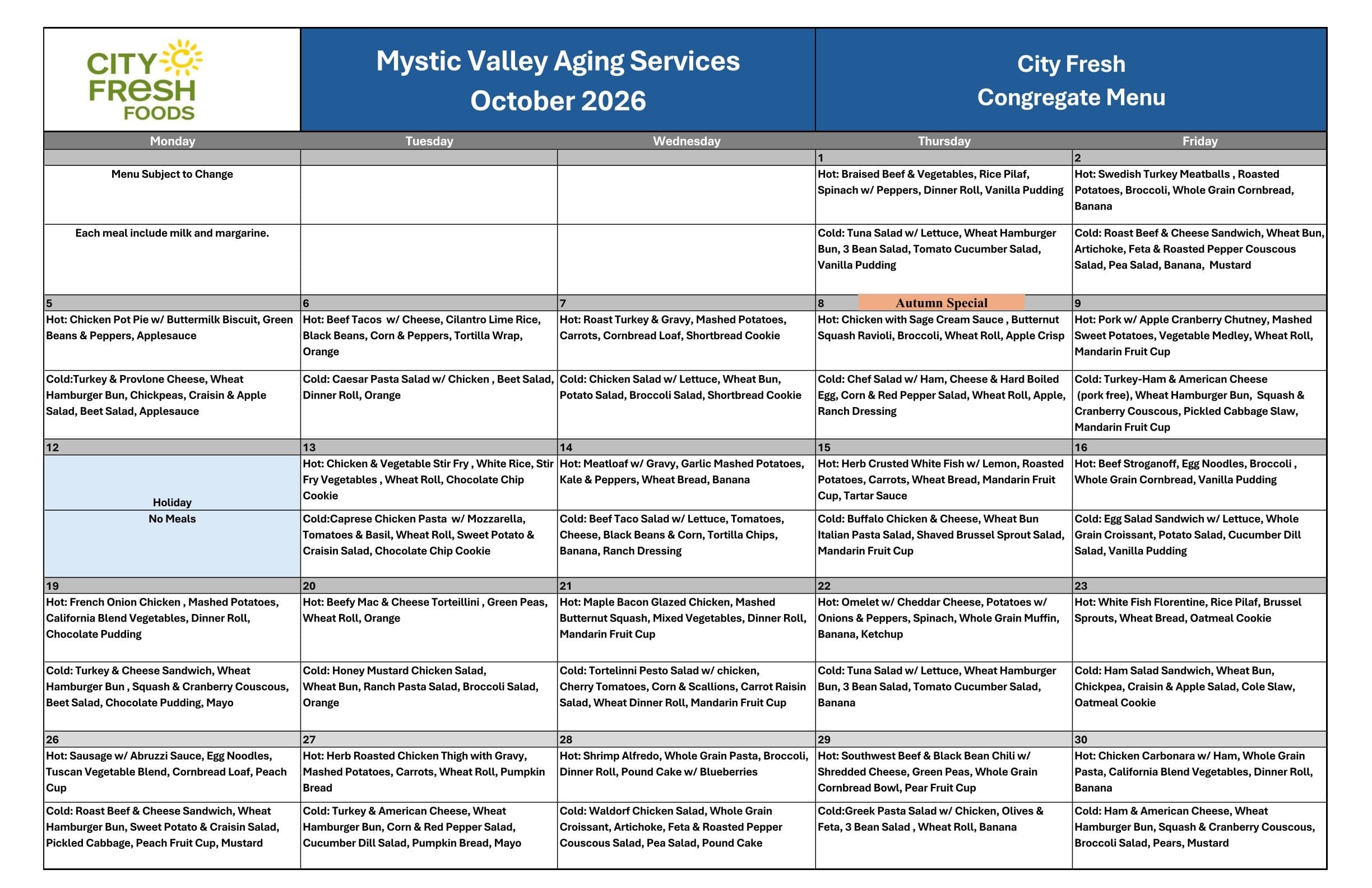 Congregate menu october 26