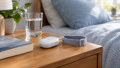 Small white device and gray strap on a bedside table