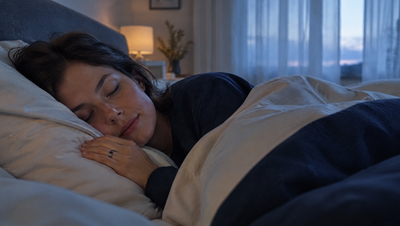Woman sleeping on her side in a softly lit bedroom