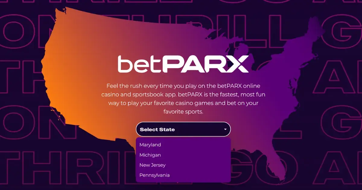 betPARX website showing a map with the available states.