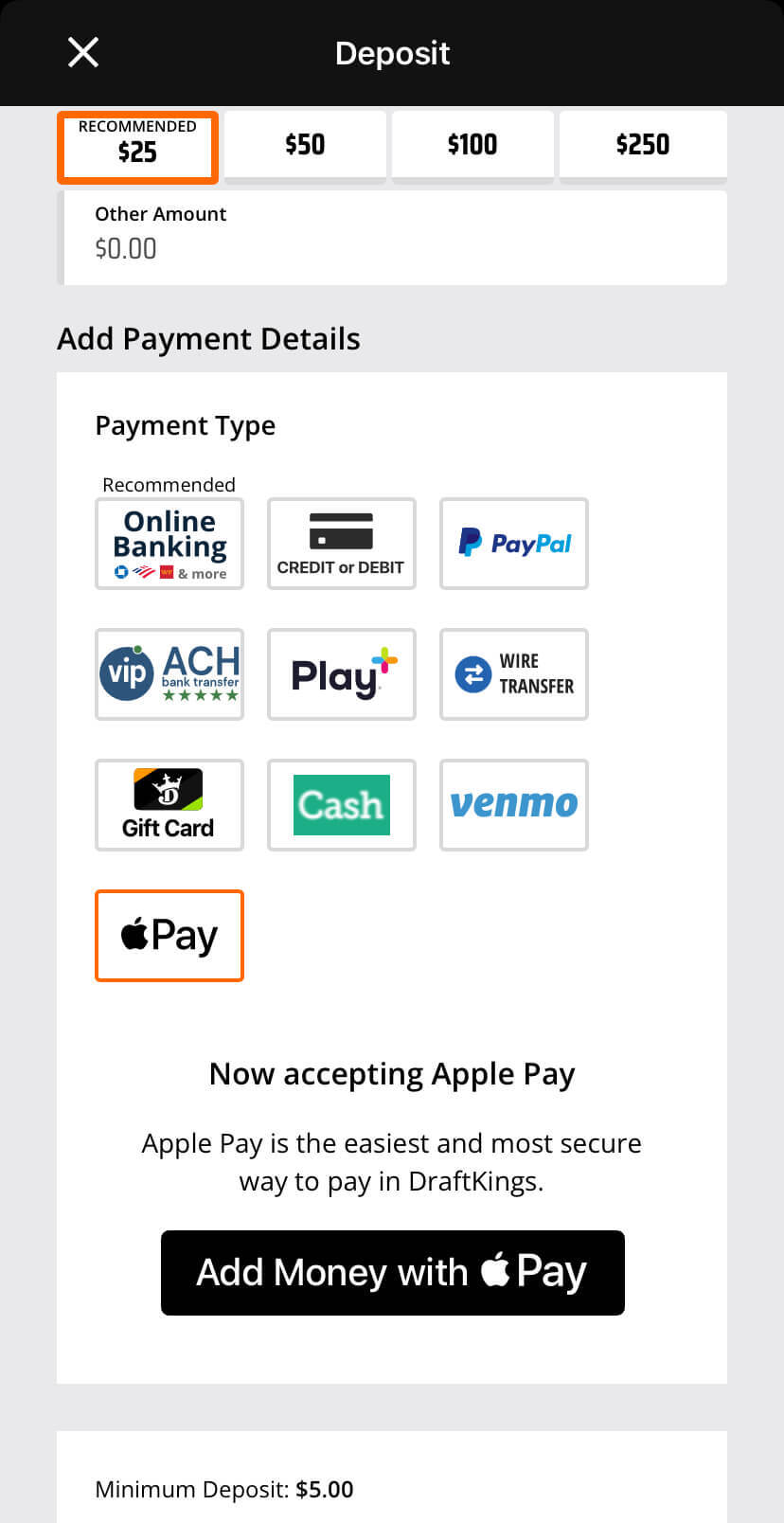 sportsbooks accept apple pay as a payment method
