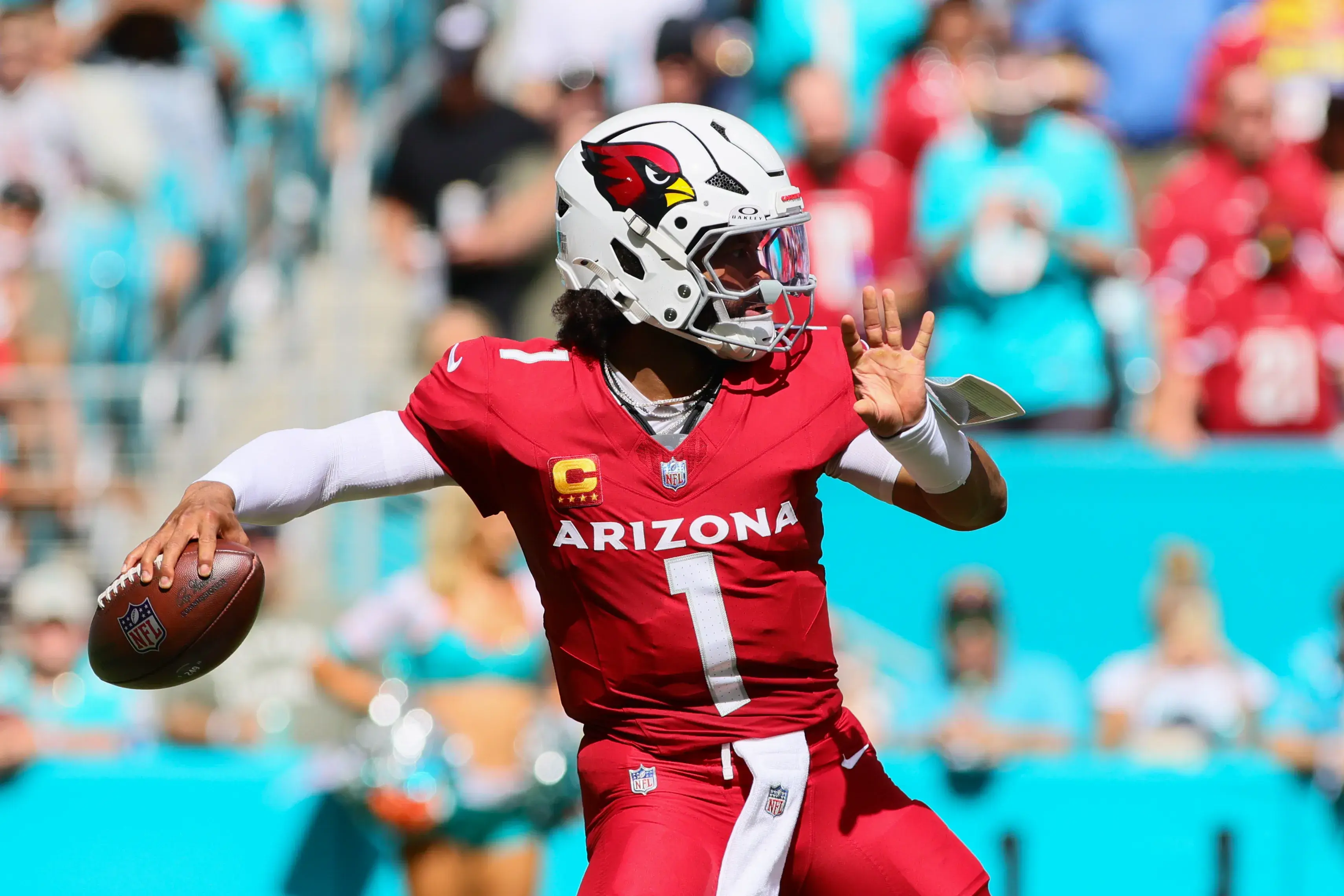Arizona Cardinals quarterback Kyler Murray (1) throws the football against the Miami Dolphins during the second quarter at Hard Rock Stadium. Mandatory Credit: Sam Navarro-Imagn Images