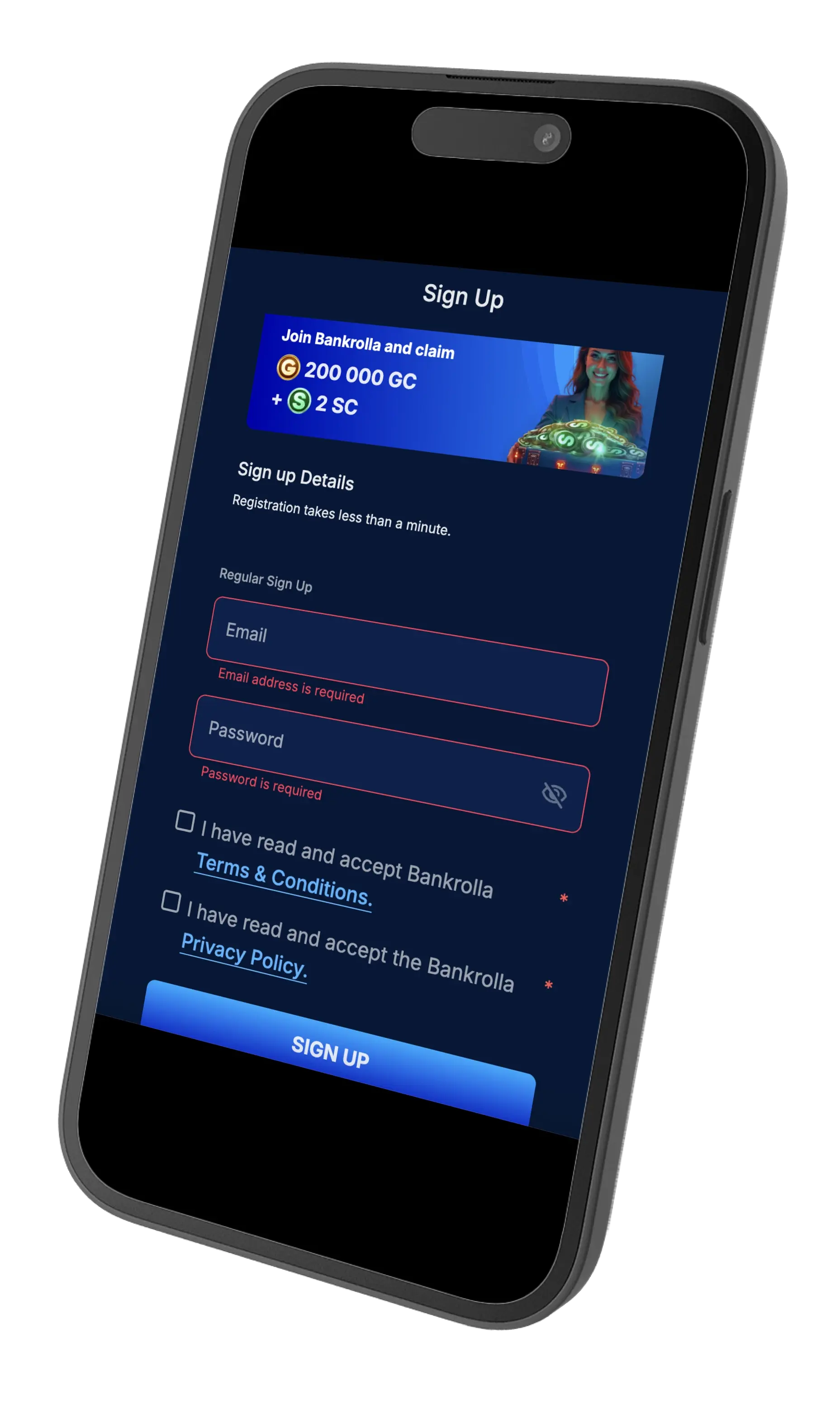 Bankrolla Casino Sign Up prompt on mobile.