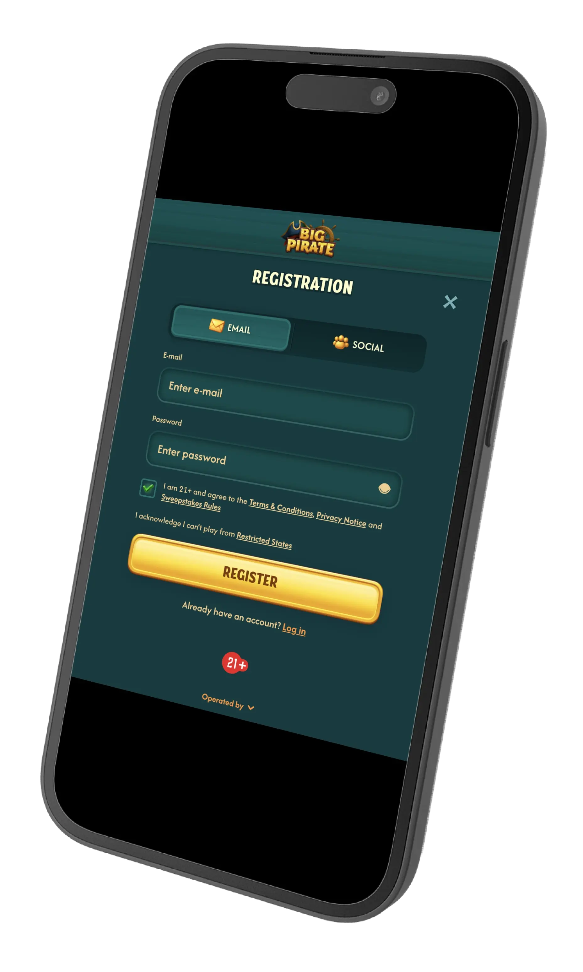 Big Pirate Casino registration on mobile.