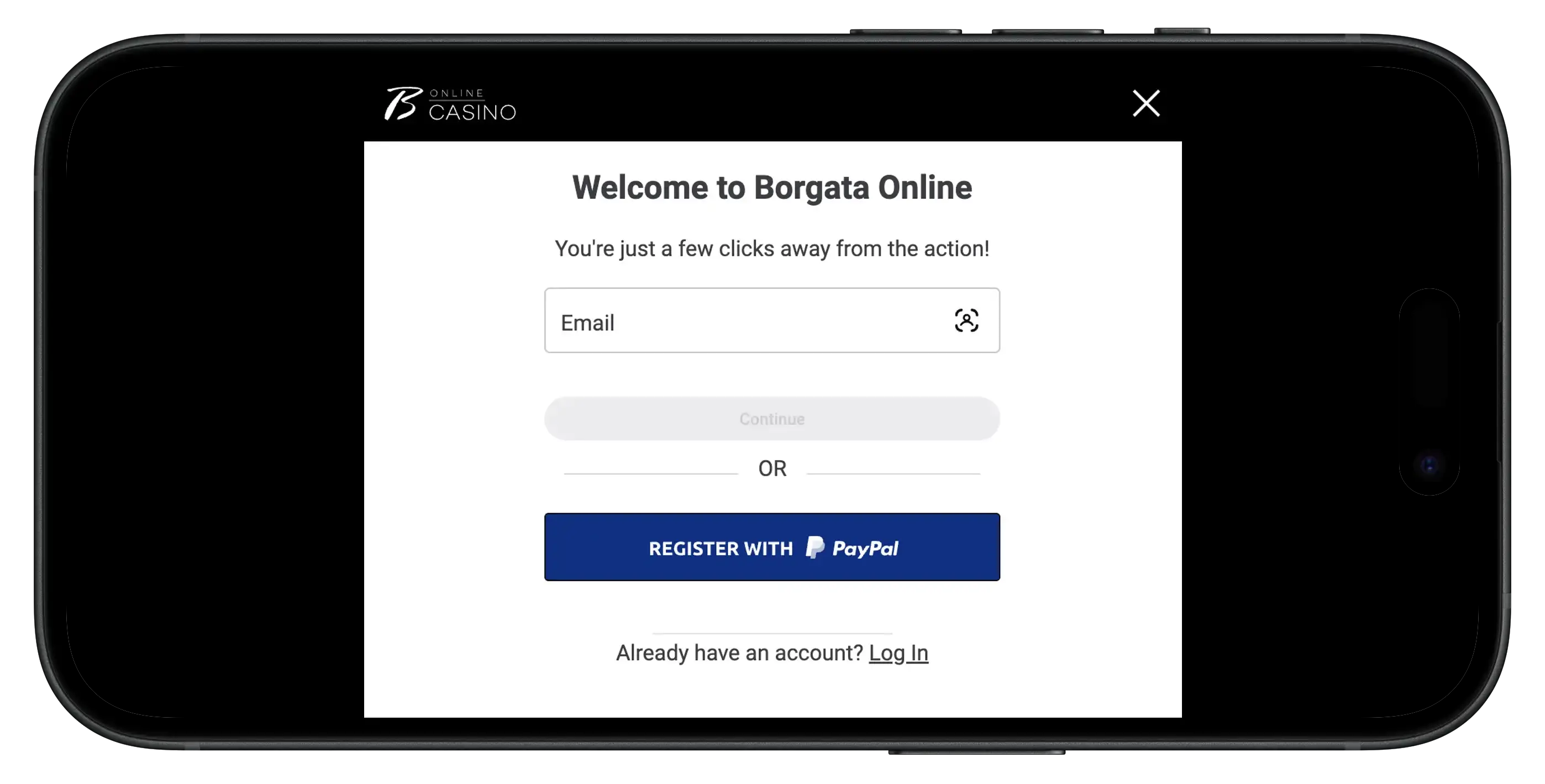 Borgata Casino Sign up pop up on mobile.