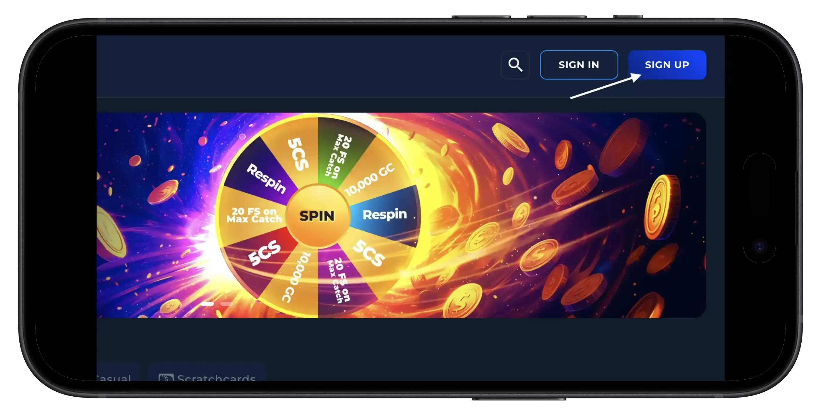 Casino Click Sign Up navigation on mobile.