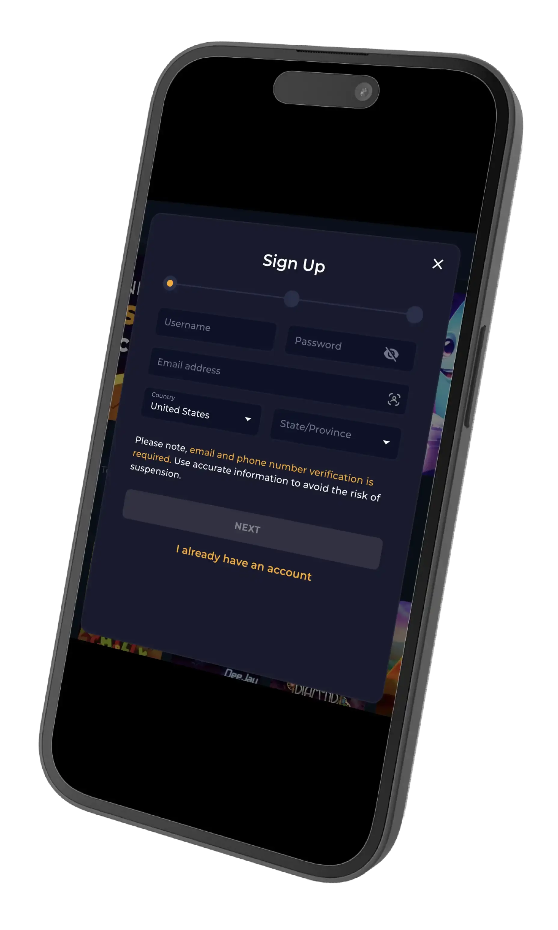 Casino Click sign up prompt on mobile.