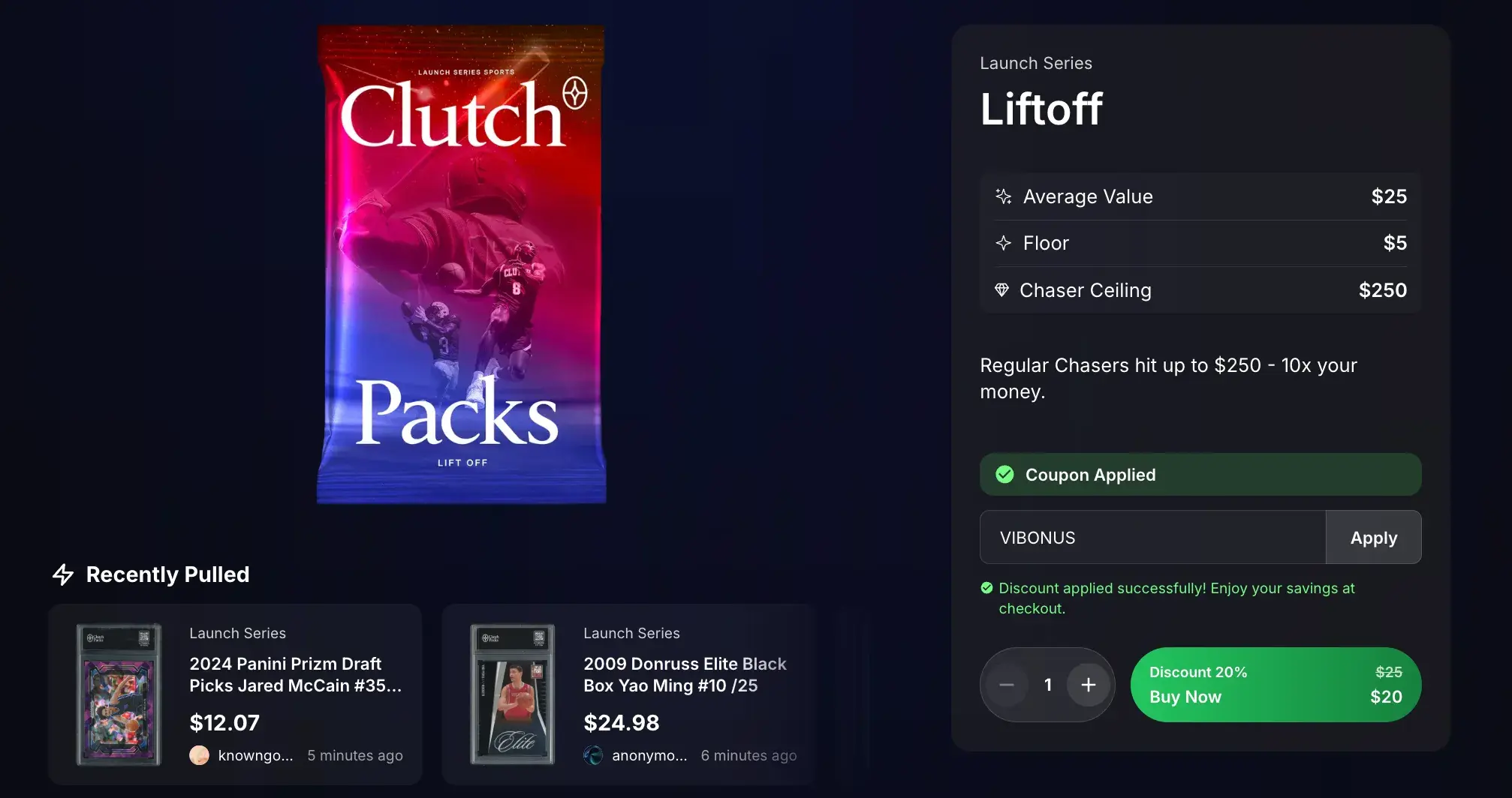 Checkout screenshot of ClutchPacks's website showing the VIBONUS ClutchPacks code applied.