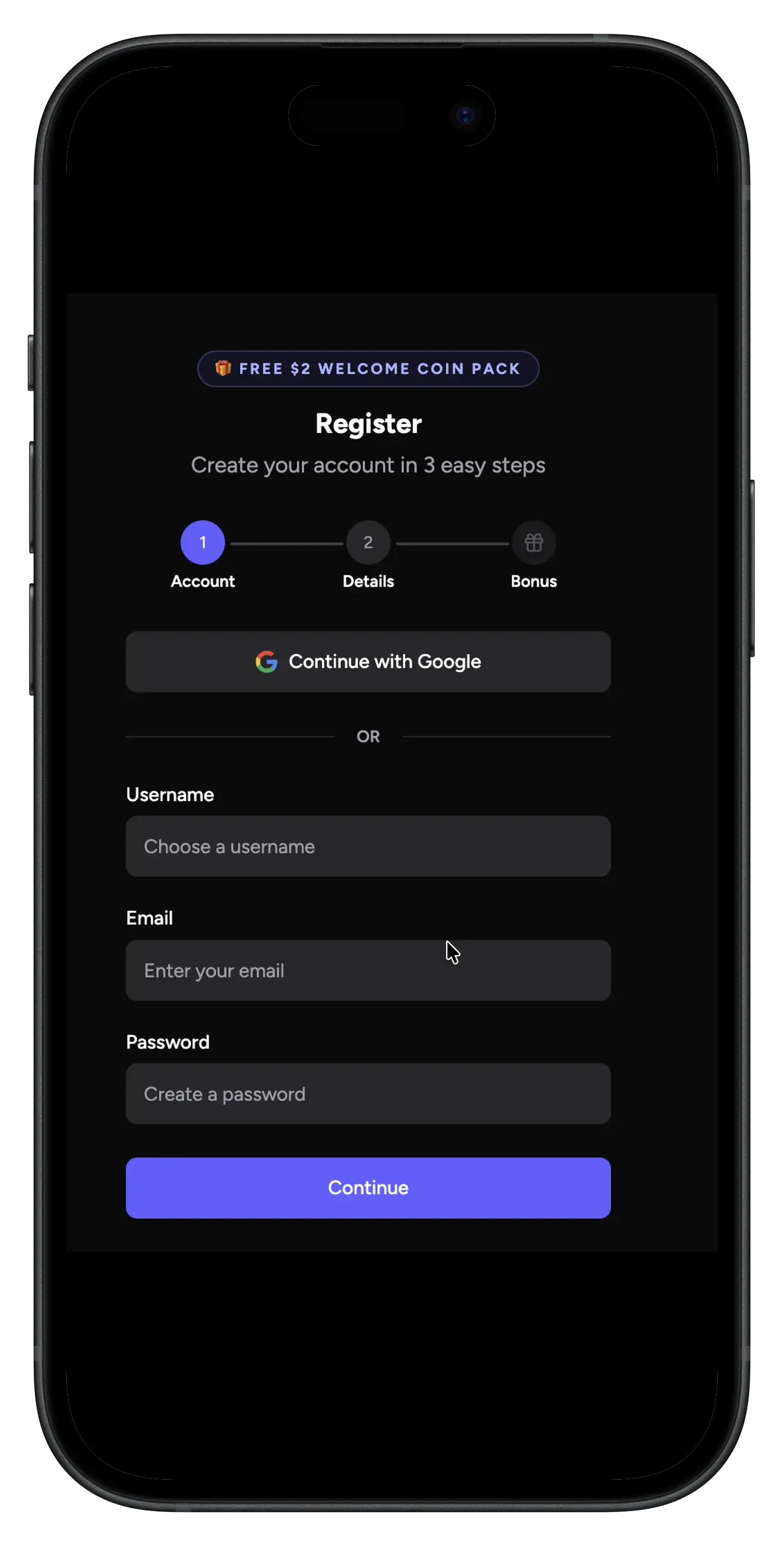 Registration prompt on the CoinsBack web browser.