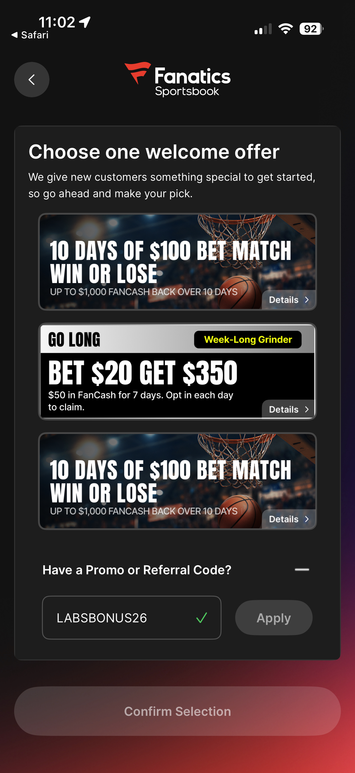 fanatics sportsbook sign up promo code screen