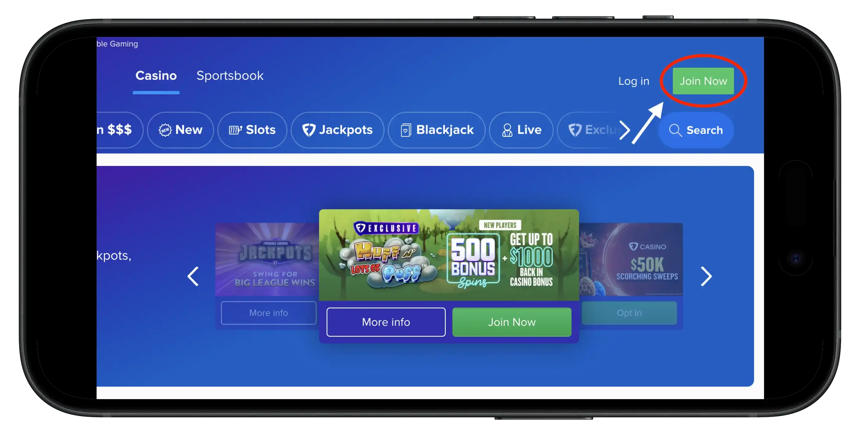 FanDuel Casino Join Now button on mobile.