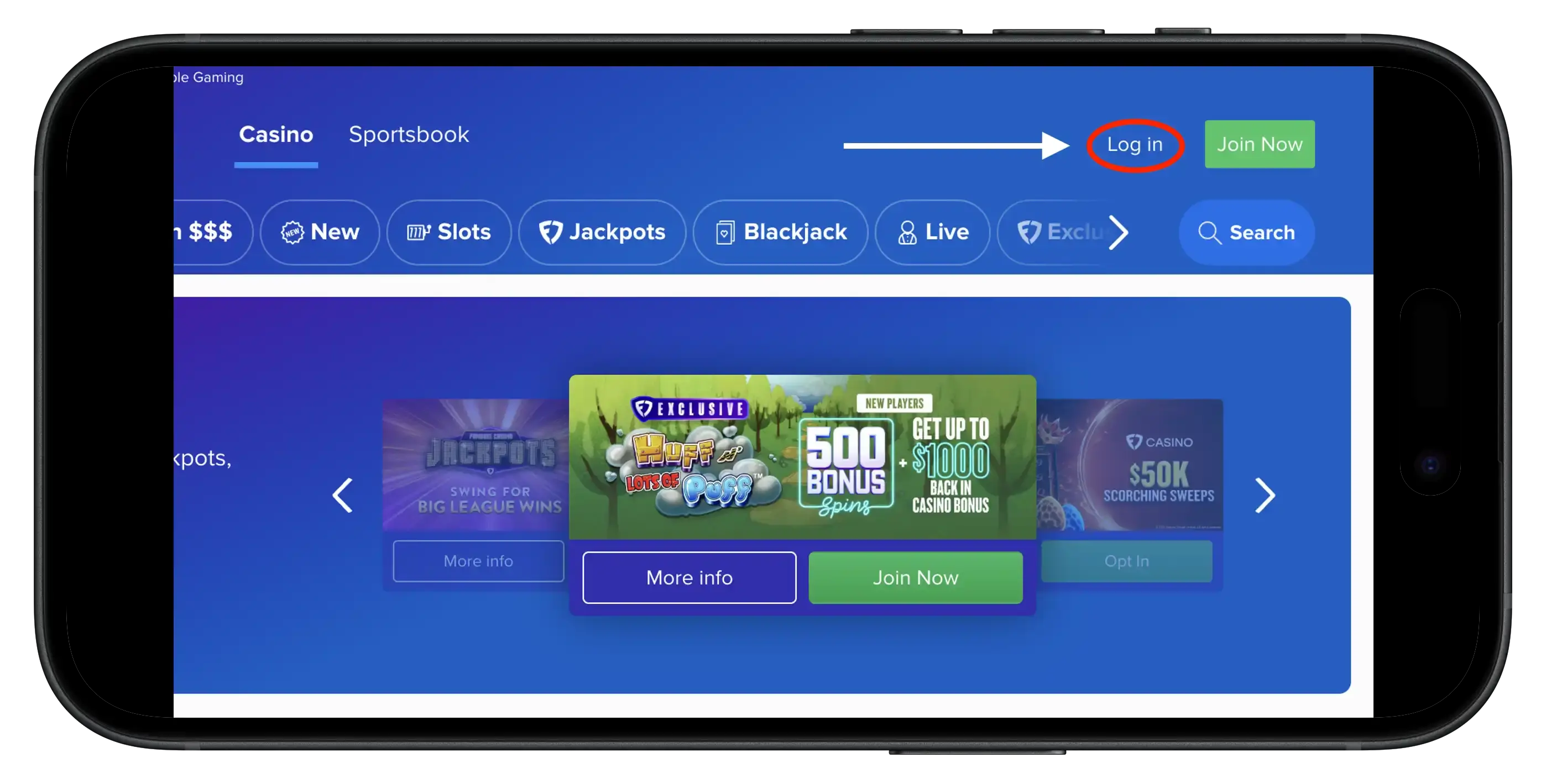 FanDuel Casino Login button on mobile.