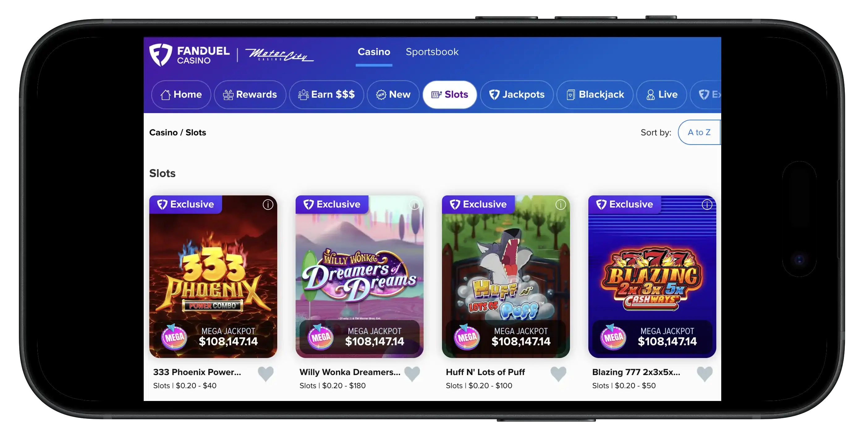 FanDuel Casino selection of slots on mobile.
