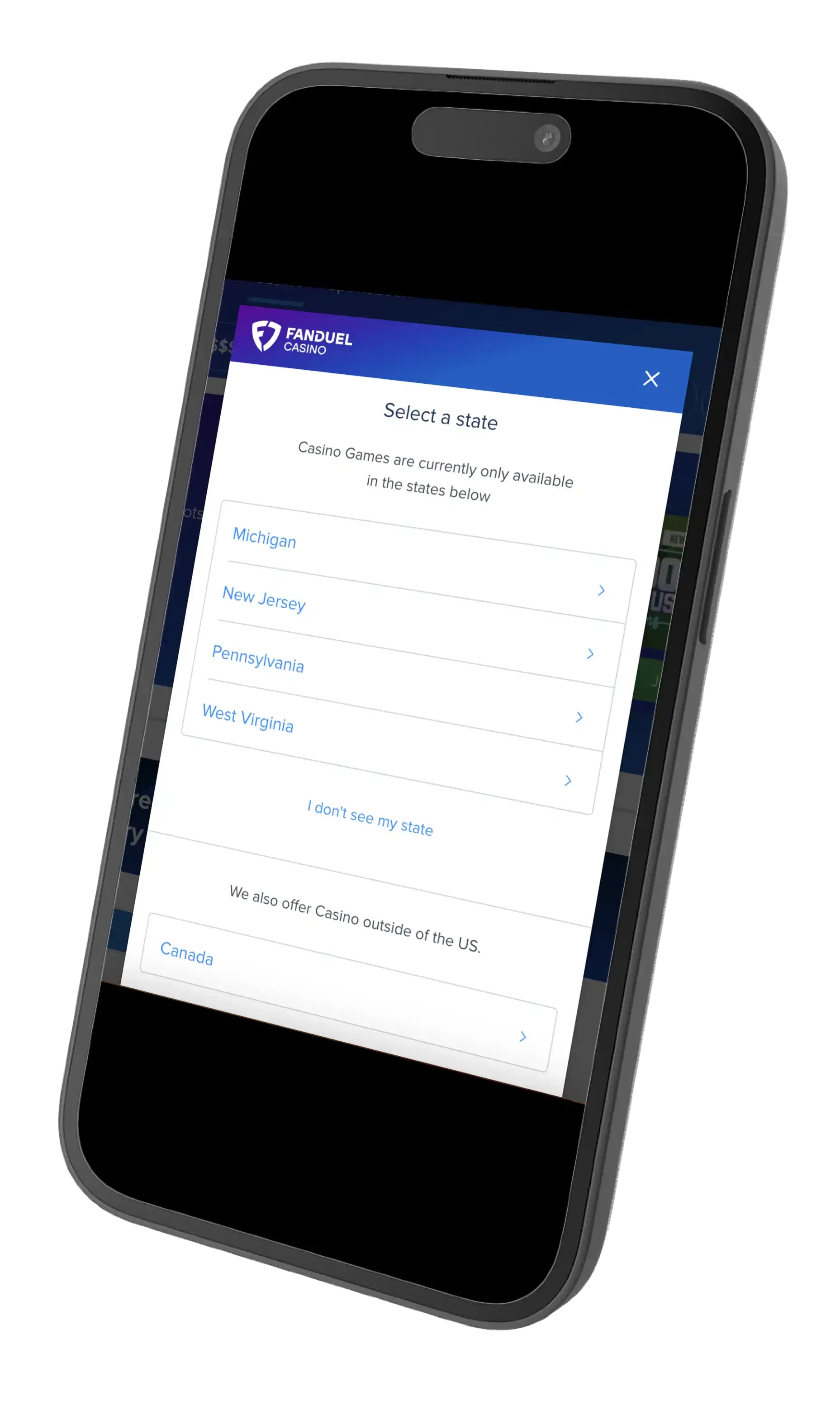 FanDuel Casino Login, select a state prompt.