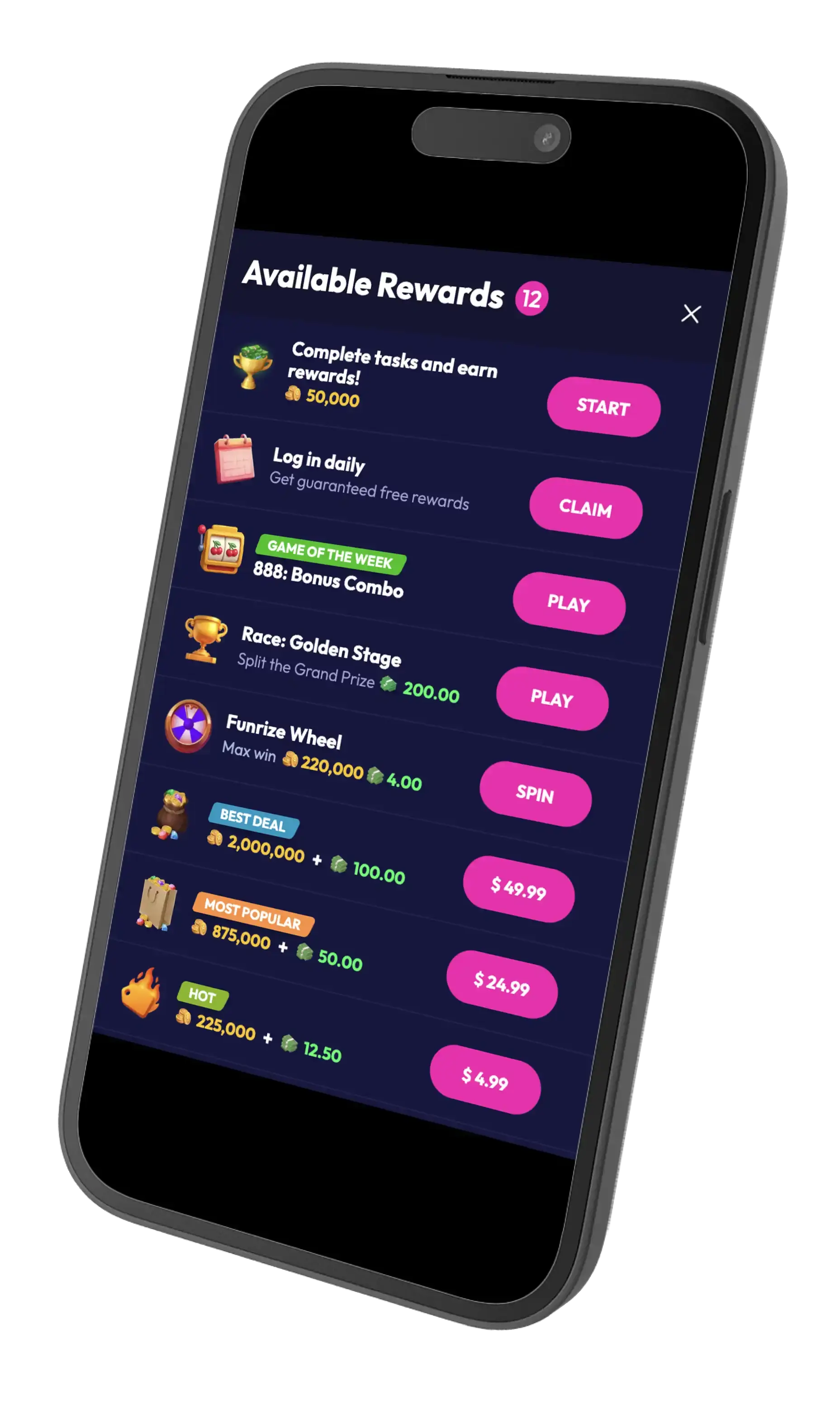 Available Rewards at Funrize on mobile.