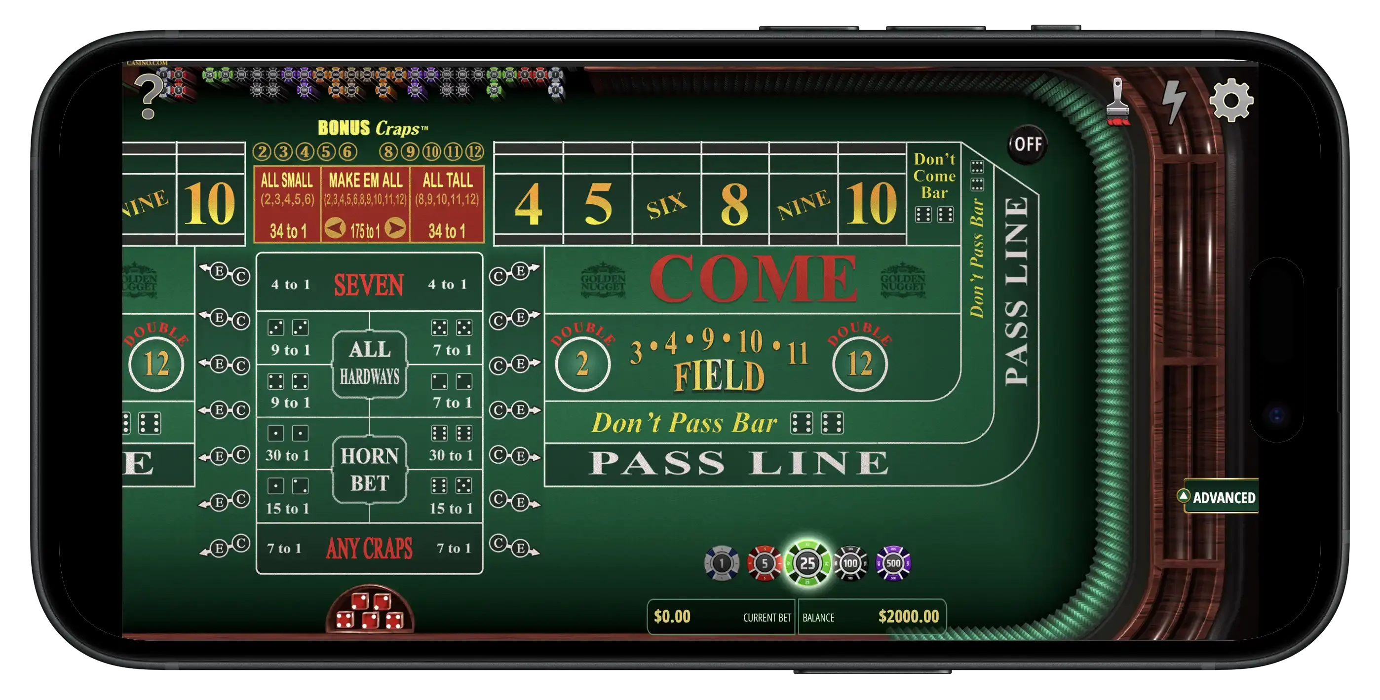Golden Nugget Online casino craps table on mobile.