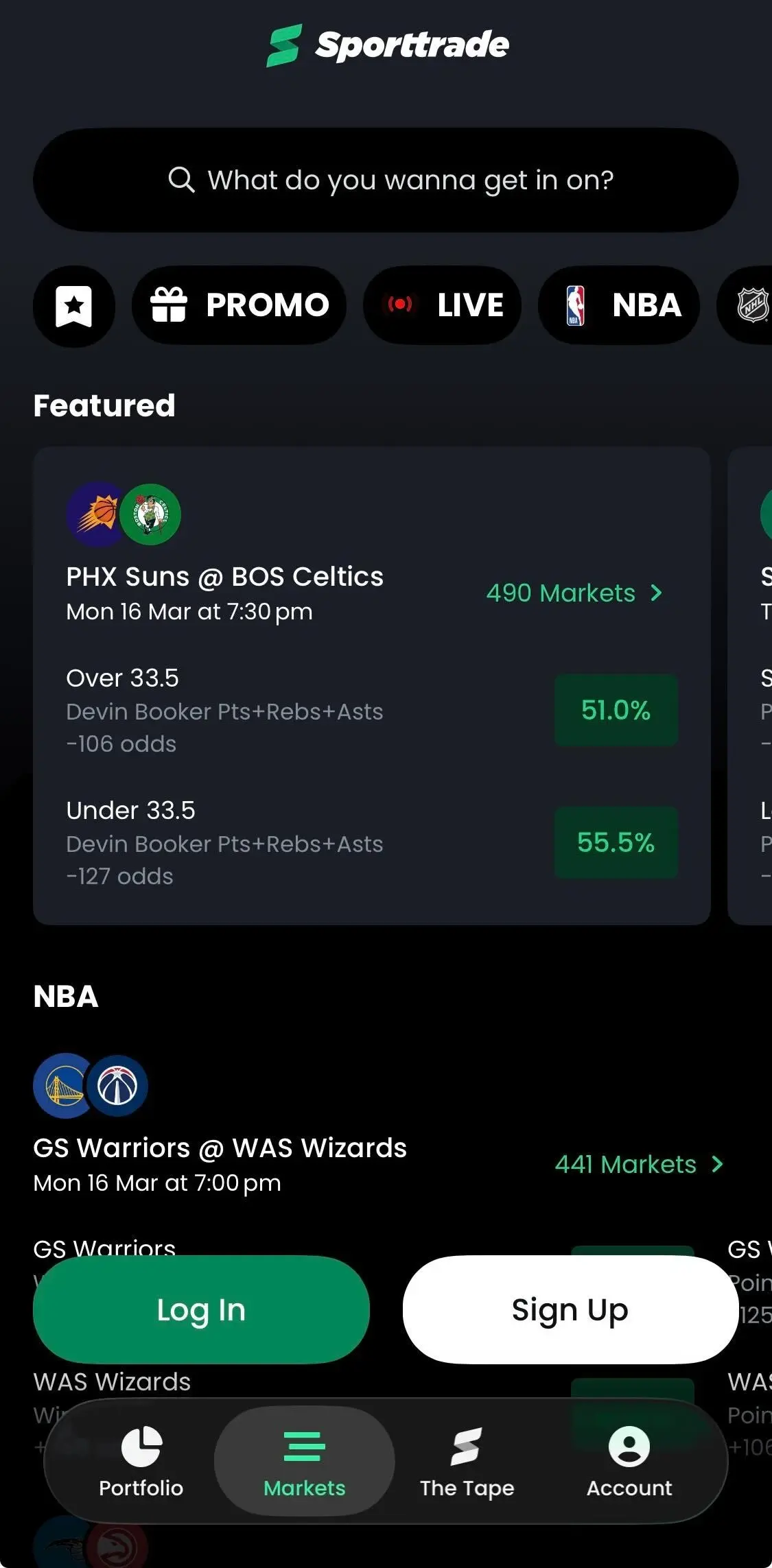 home screen of the sporttrade app