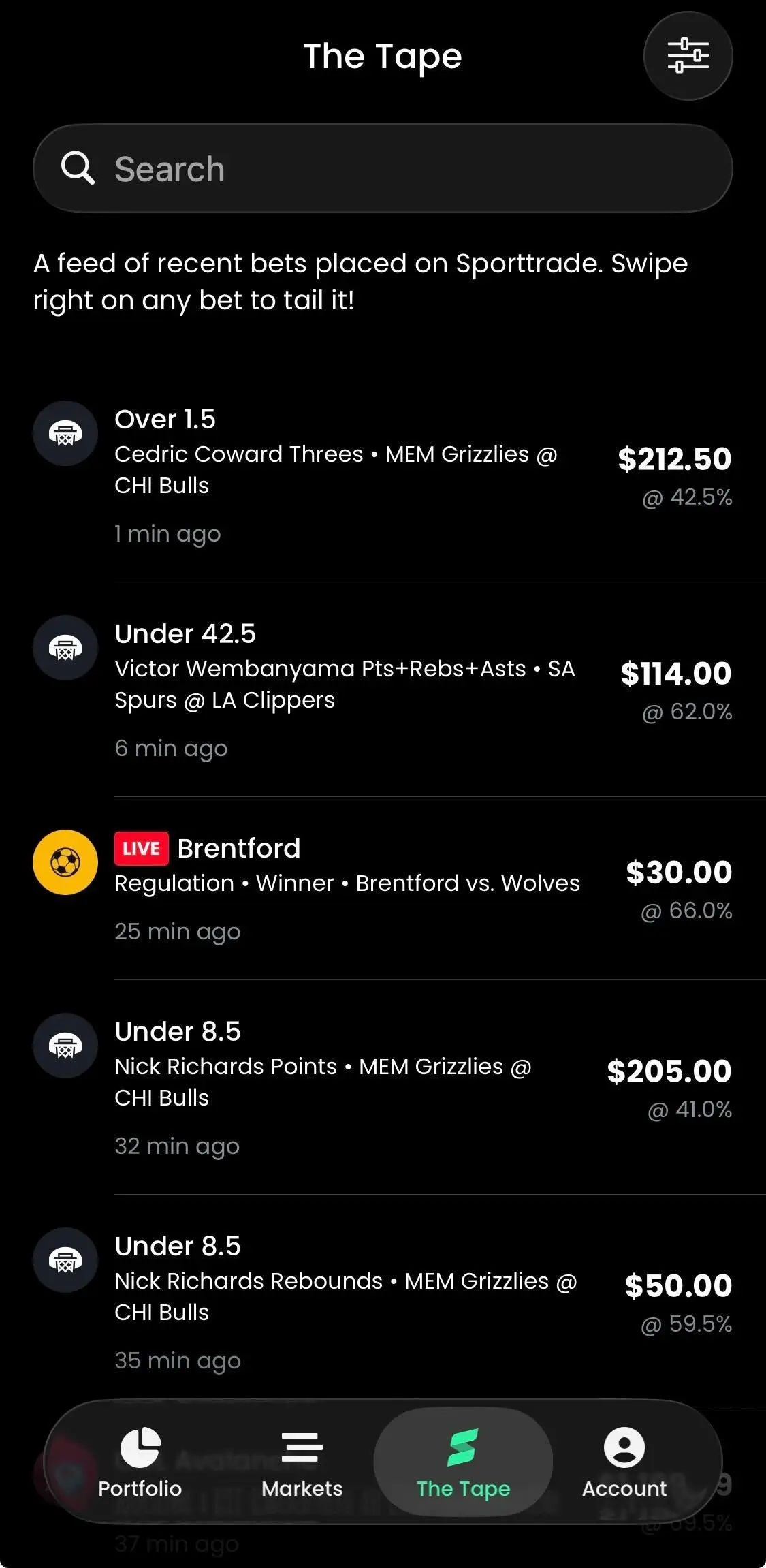 screenshot of the sporttrade app