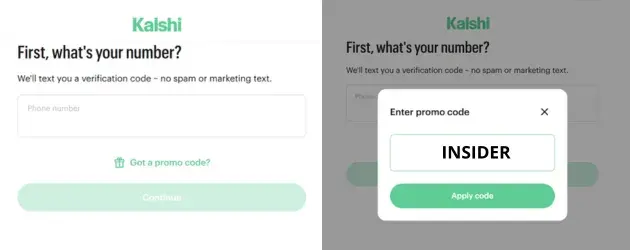 Kalshi sign-up screen showing phone number verification and Kalshi promo code INSIDER entry popup during the account registration process on the prediction markets platform.