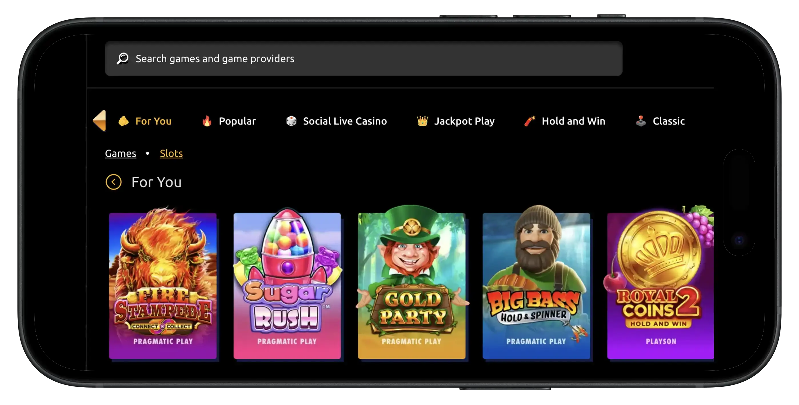 Jackpota Casino For You and game library on mobile.