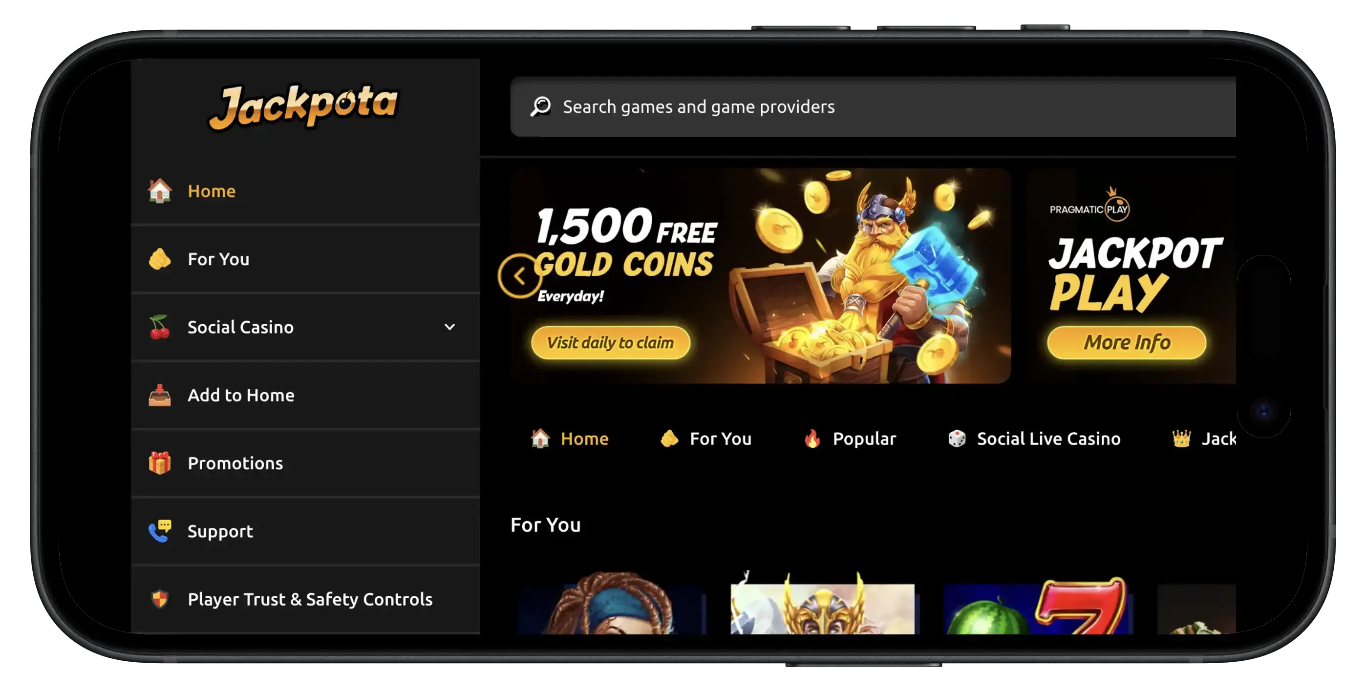 Jackpota Casino homepage where players can access games, promos, and more.