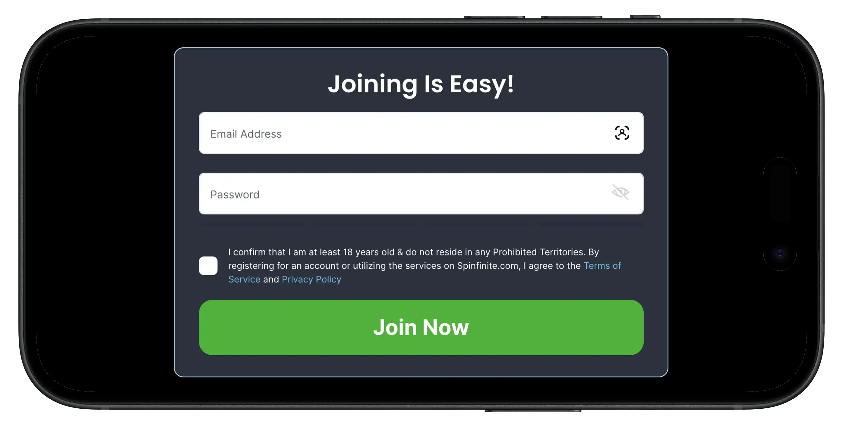 Joining is easy at Spinfinite Casino on mobile.