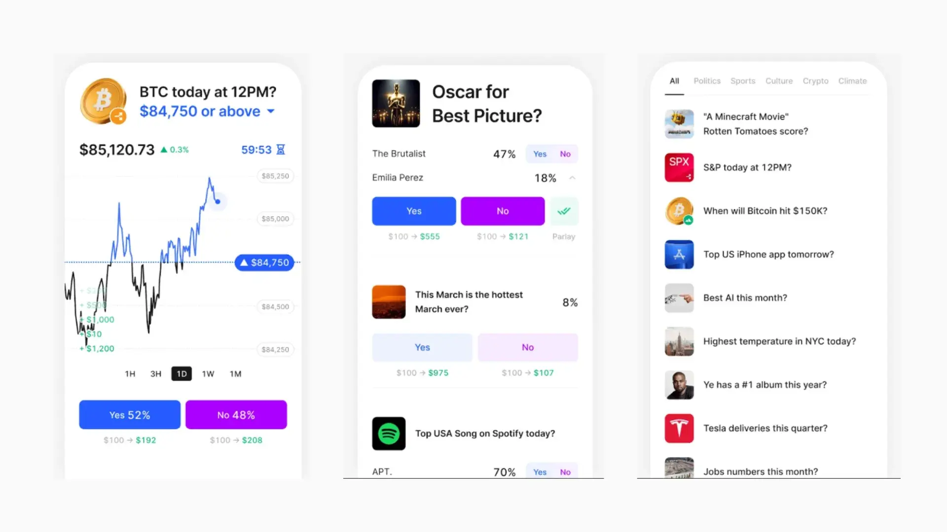 3 screens showing the Kalshi App for Android
