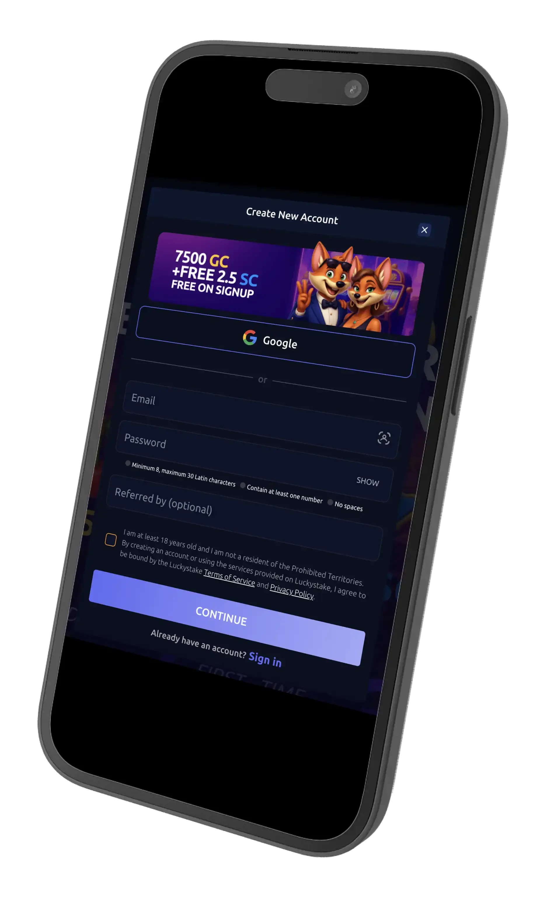 LuckyStake Casino sign up on mobile.
